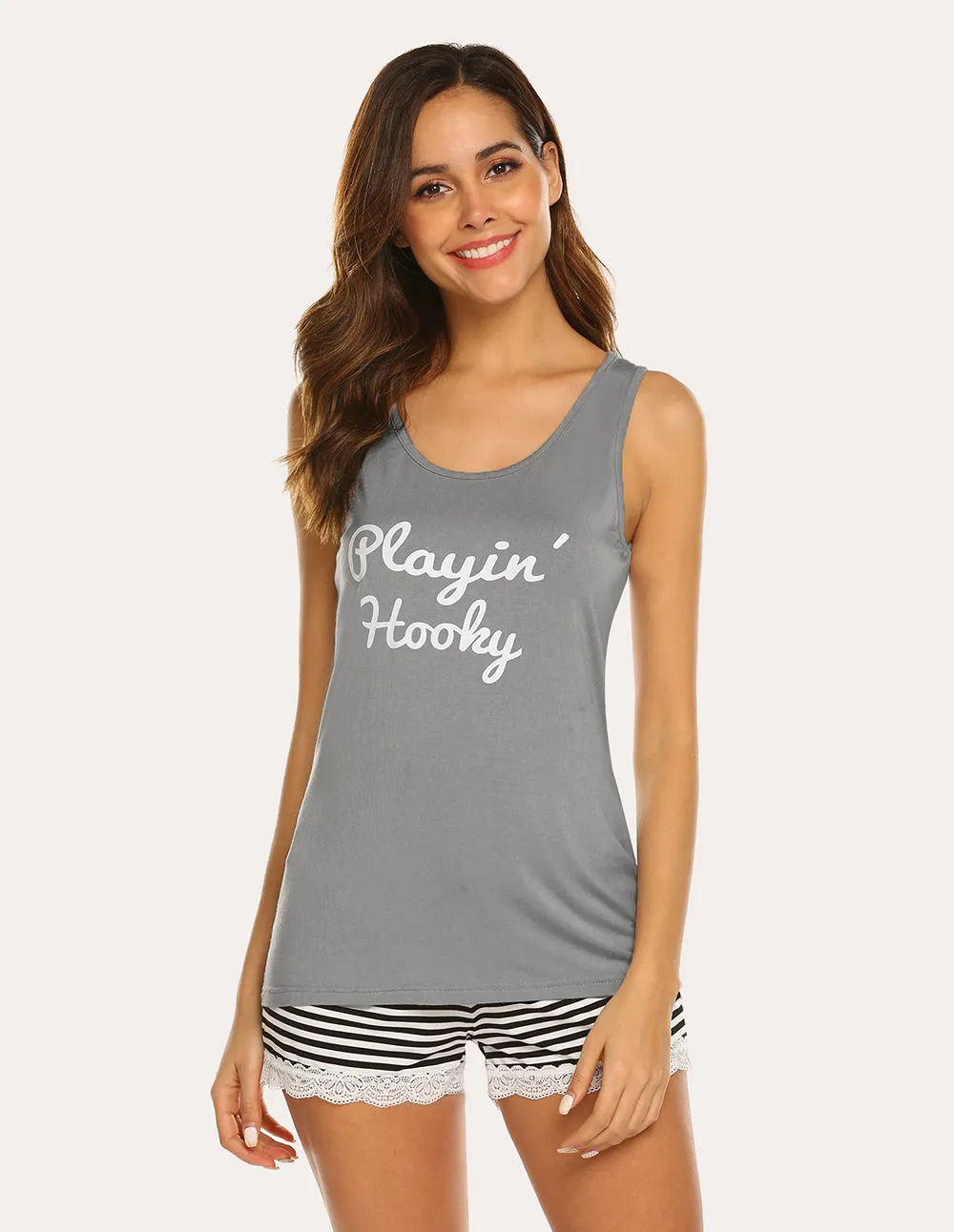 Ekouaer Letter Print Top Striped Shorts Pajama Set (US Only)