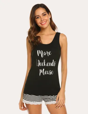Ekouaer Letter Print Top Striped Shorts Pajama Set (US Only)