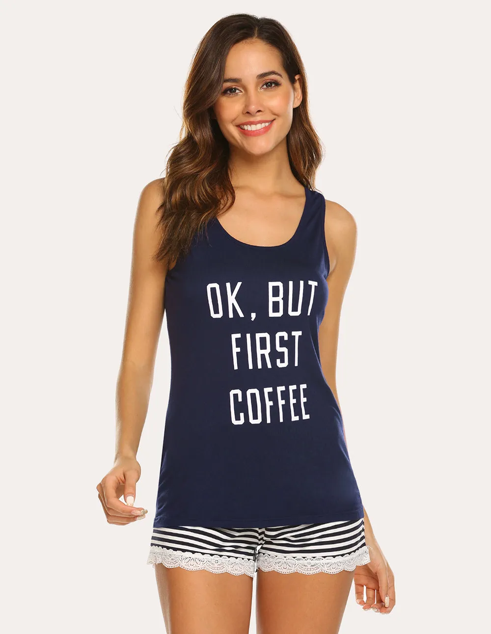 Ekouaer Letter Print Top Striped Shorts Pajama Set (US Only)