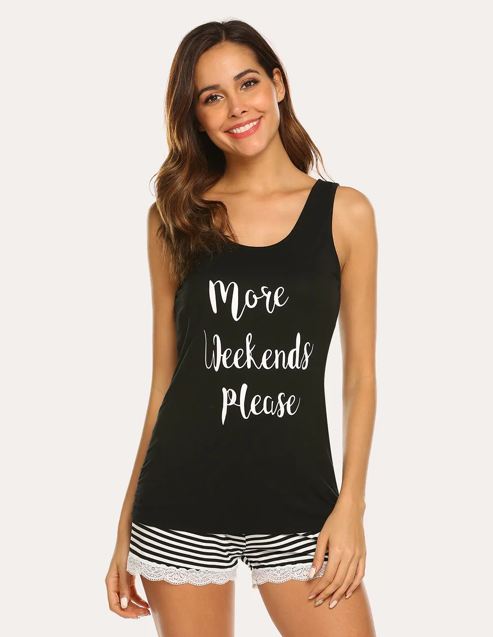 Ekouaer Letter Print Top Striped Shorts Pajama Set (US Only)