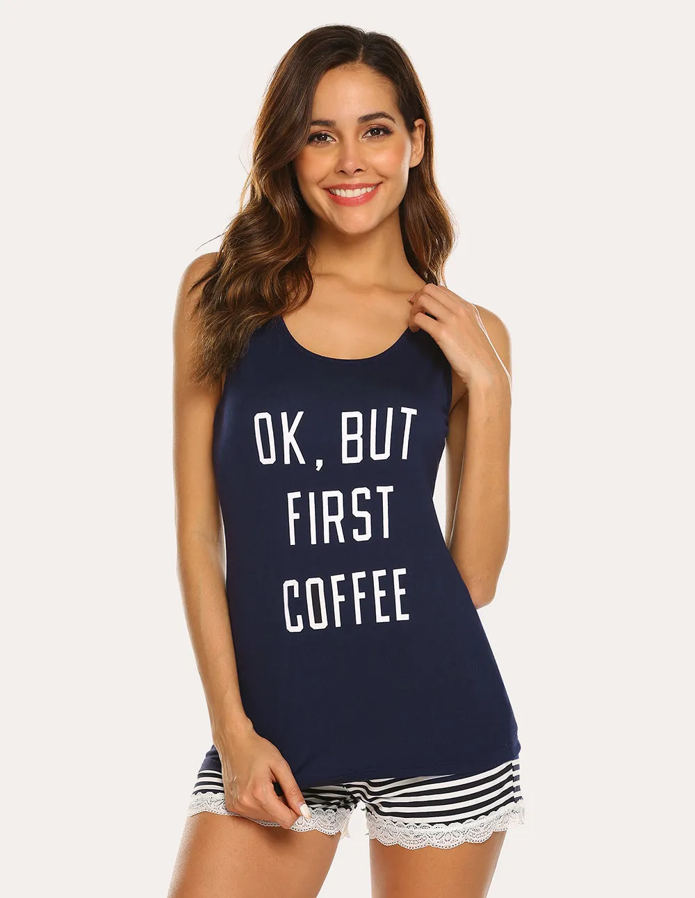Ekouaer Letter Print Top Striped Shorts Pajama Set (US Only)