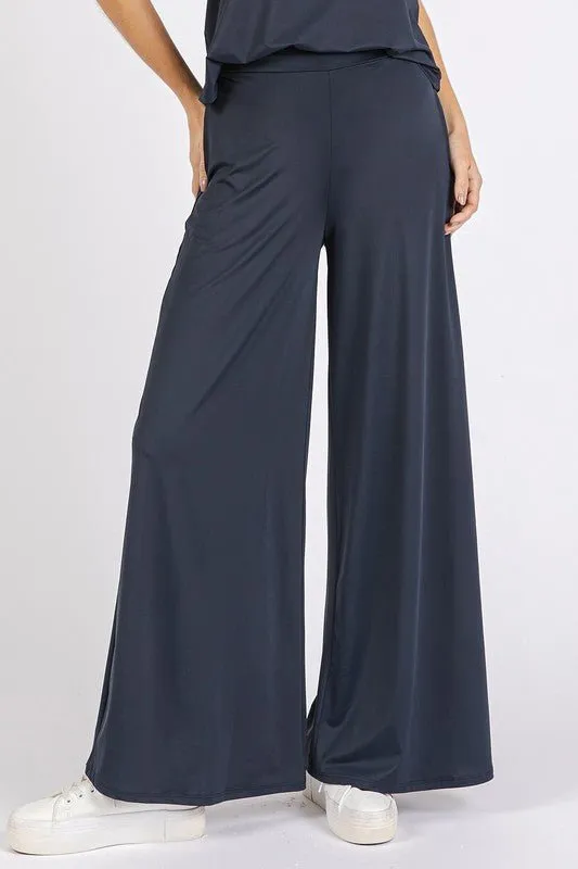 Elastic Waist Wide Leg Pants in Midnight
