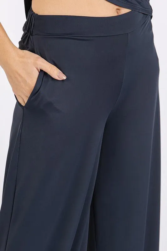 Elastic Waist Wide Leg Pants in Midnight