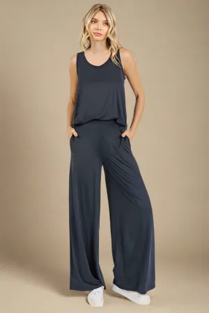 Elastic Waist Wide Leg Pants in Midnight
