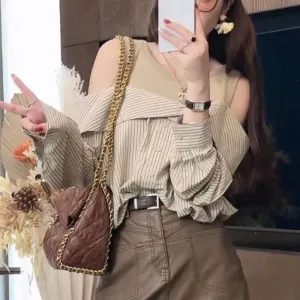 Fake 2-Piece Shirt for Women – Patchwork Striped Off-Shoulder Vintage Loose Casual Top, Y2K Korean Style Daily Wear
