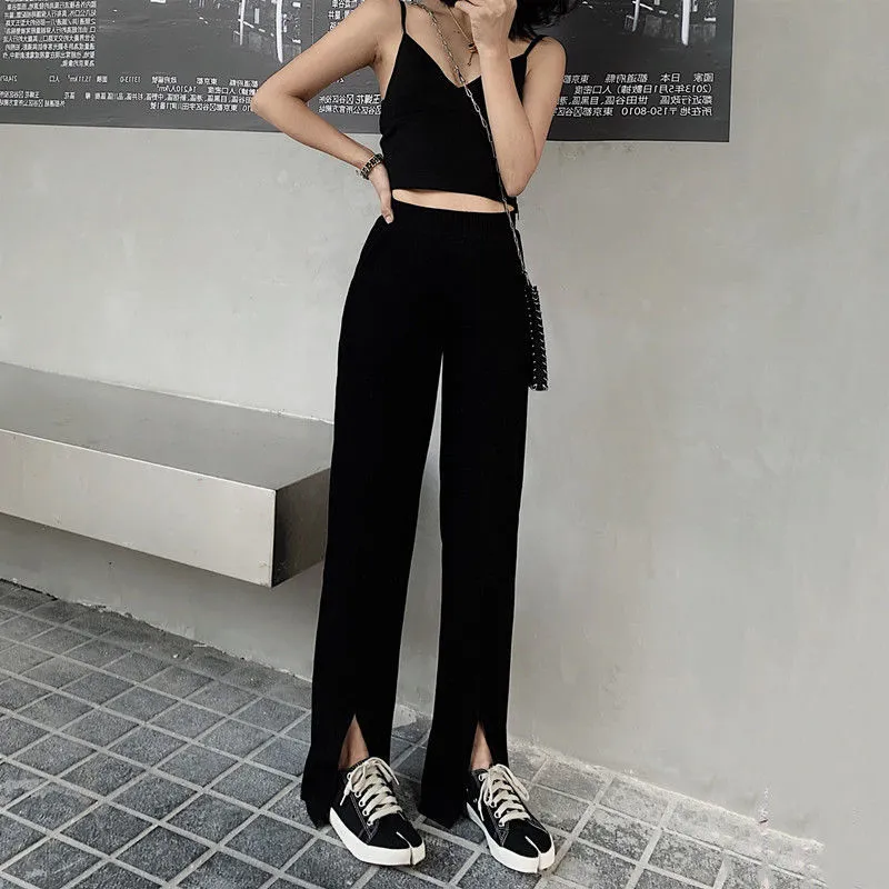 Fashion High Waist Loose Straight Split Pants