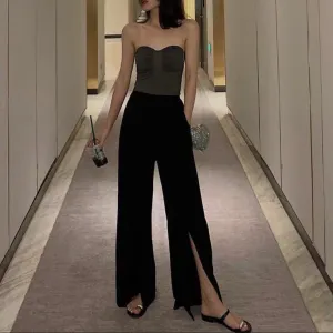Fashion High Waist Loose Straight Split Pants