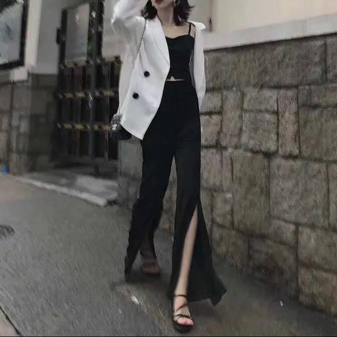 Fashion High Waist Loose Straight Split Pants