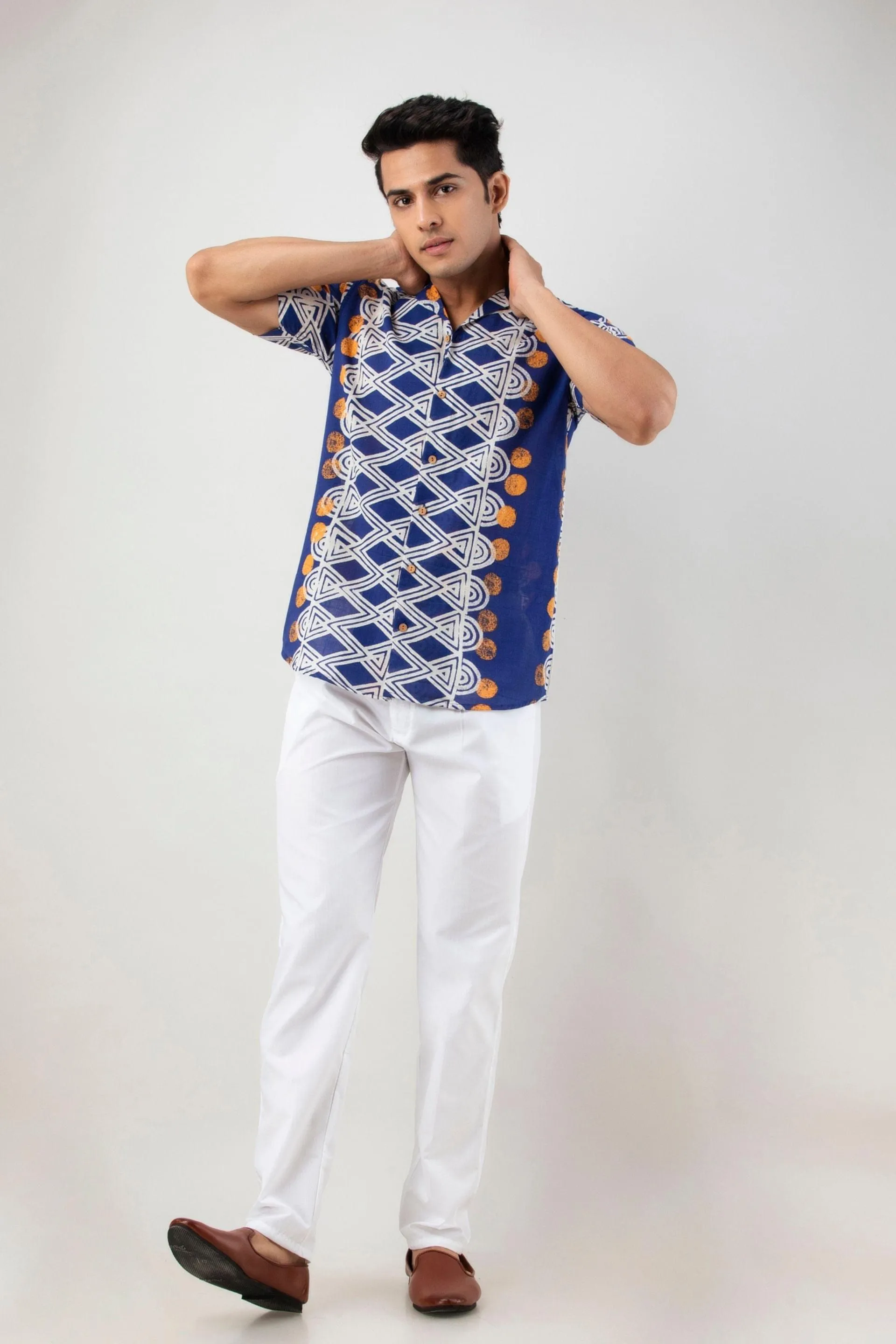 Firangi Yarn 100% Jaipuri Cotton Egyptian Pattern Printed Cuban Collar Shirt- Indigo Color