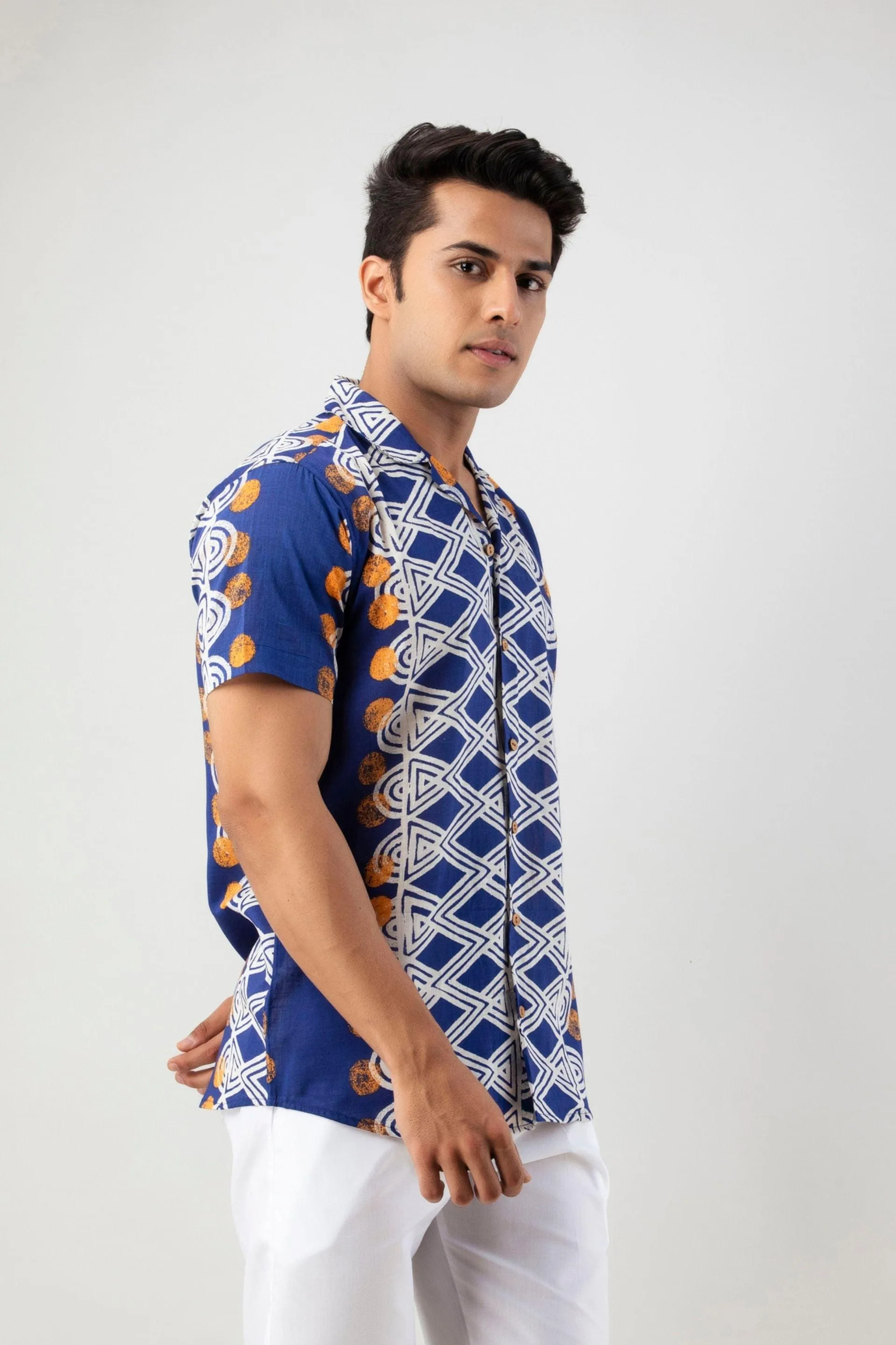 Firangi Yarn 100% Jaipuri Cotton Egyptian Pattern Printed Cuban Collar Shirt- Indigo Color