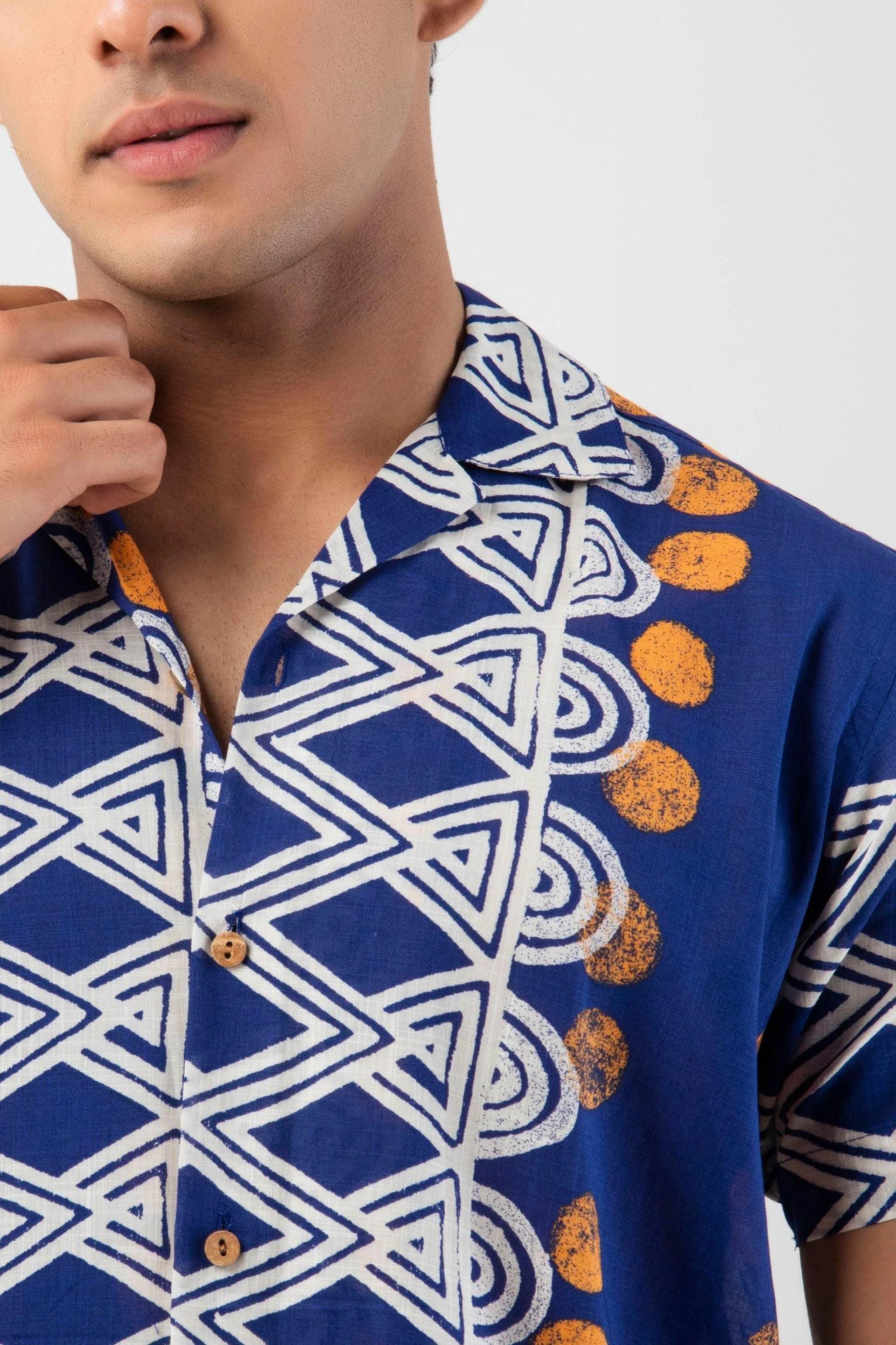 Firangi Yarn 100% Jaipuri Cotton Egyptian Pattern Printed Cuban Collar Shirt- Indigo Color