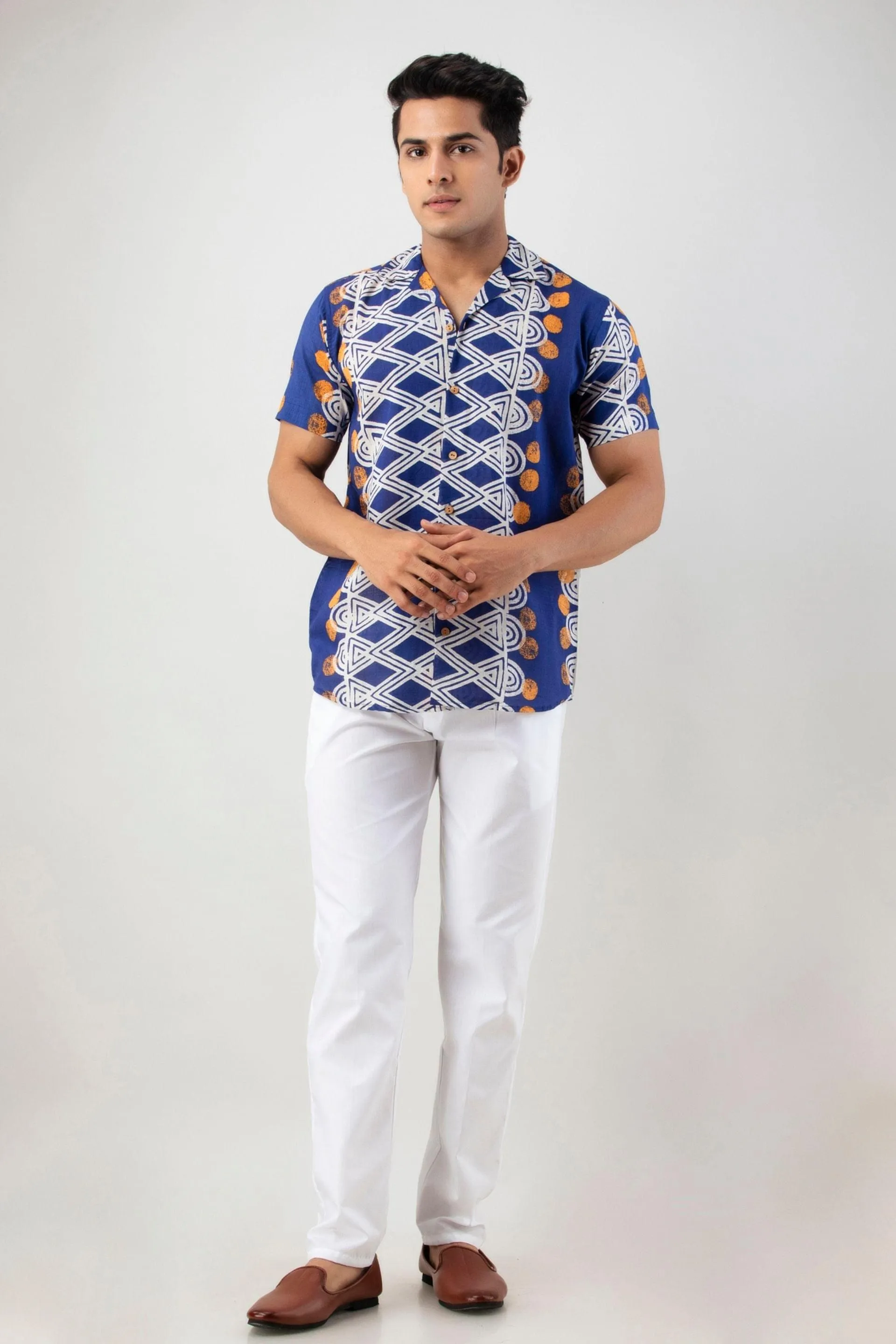Firangi Yarn 100% Jaipuri Cotton Egyptian Pattern Printed Cuban Collar Shirt- Indigo Color