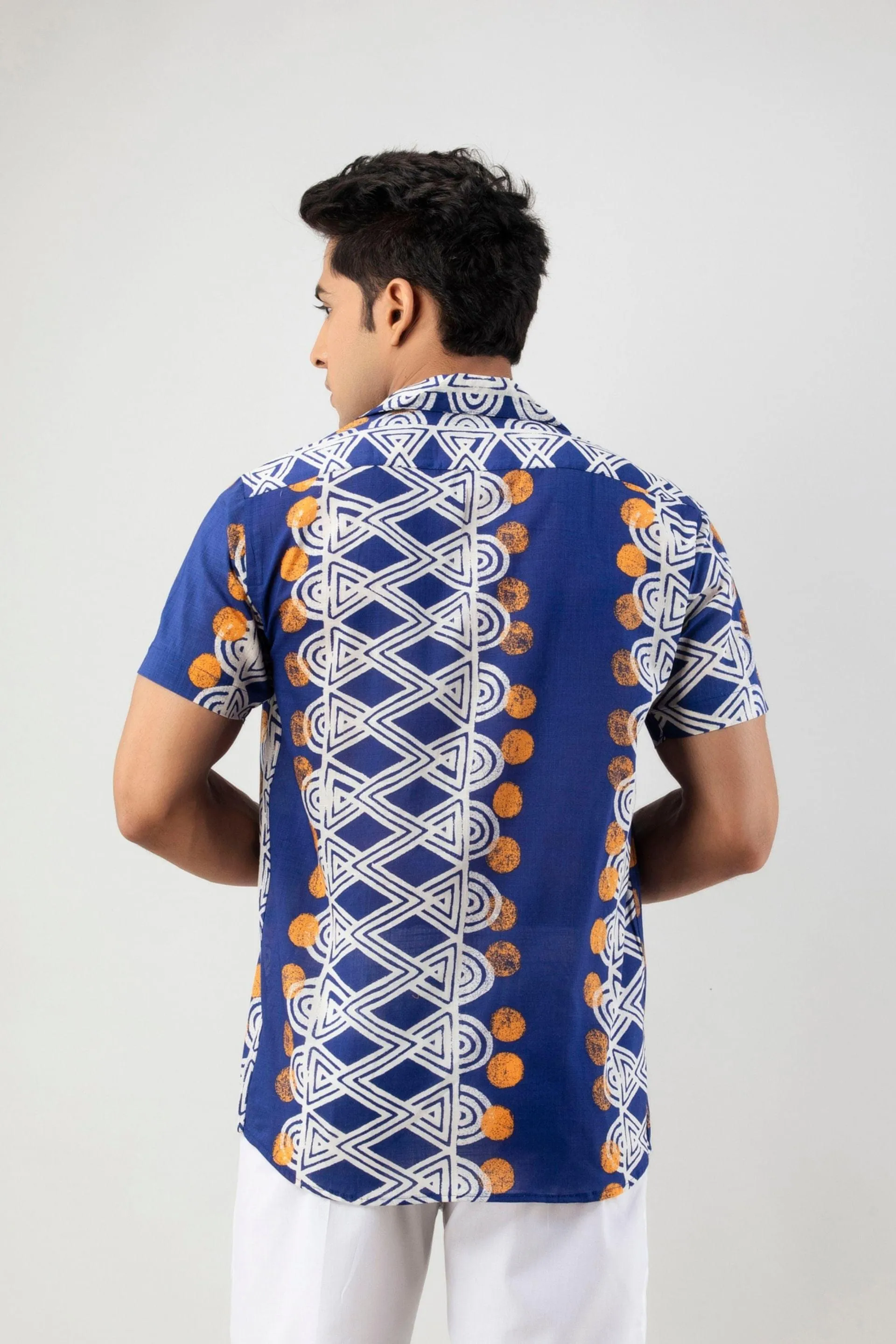 Firangi Yarn 100% Jaipuri Cotton Egyptian Pattern Printed Cuban Collar Shirt- Indigo Color