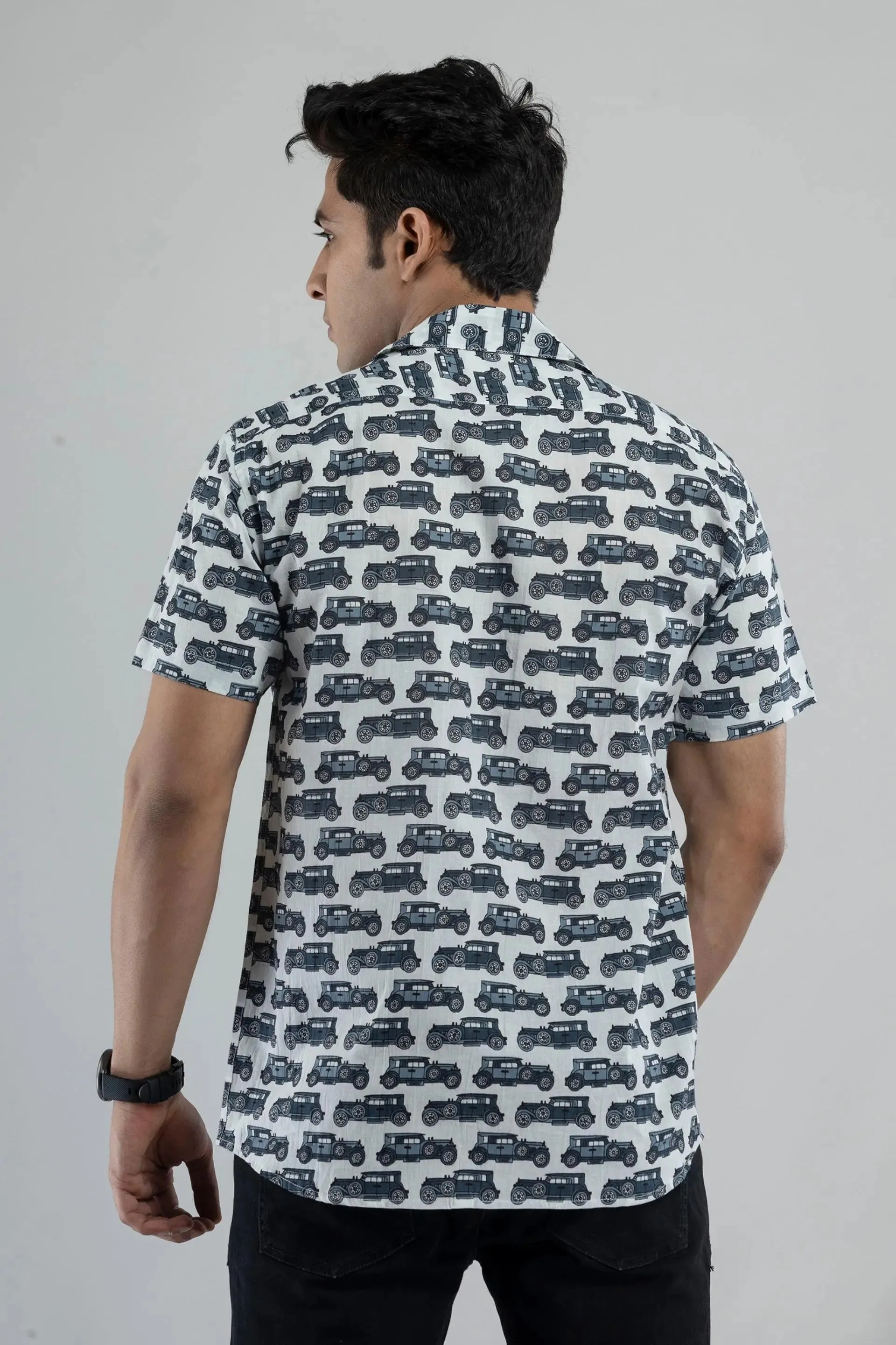 Firangi Yarn Cuban Collar Shirt in White and Black Block Printed Motifs