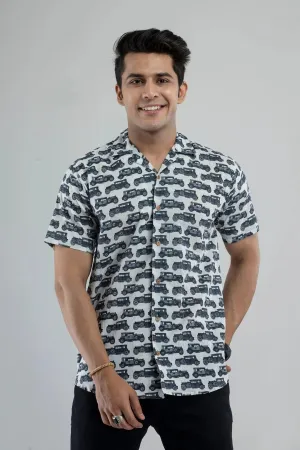 Firangi Yarn Cuban Collar Shirt in White and Black Block Printed Motifs