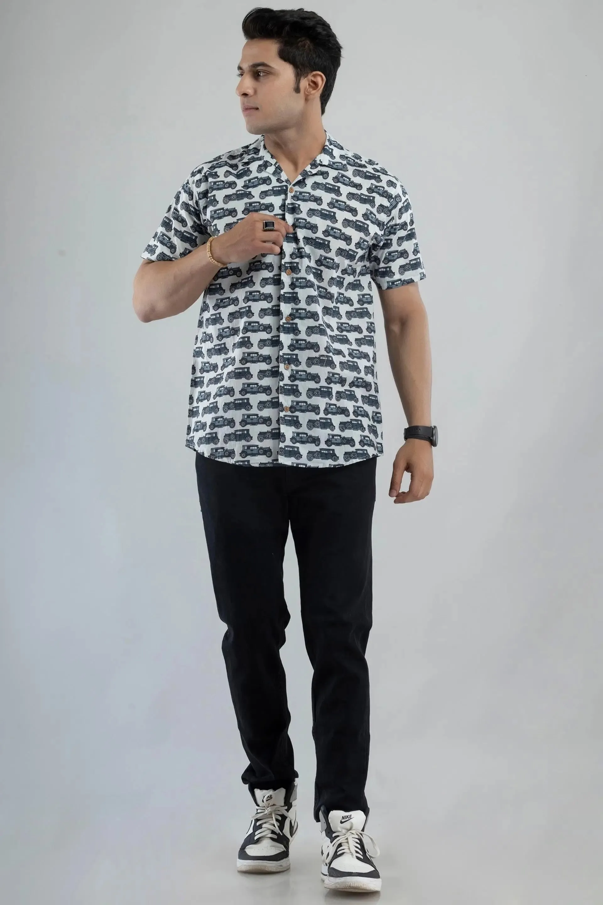 Firangi Yarn Cuban Collar Shirt in White and Black Block Printed Motifs