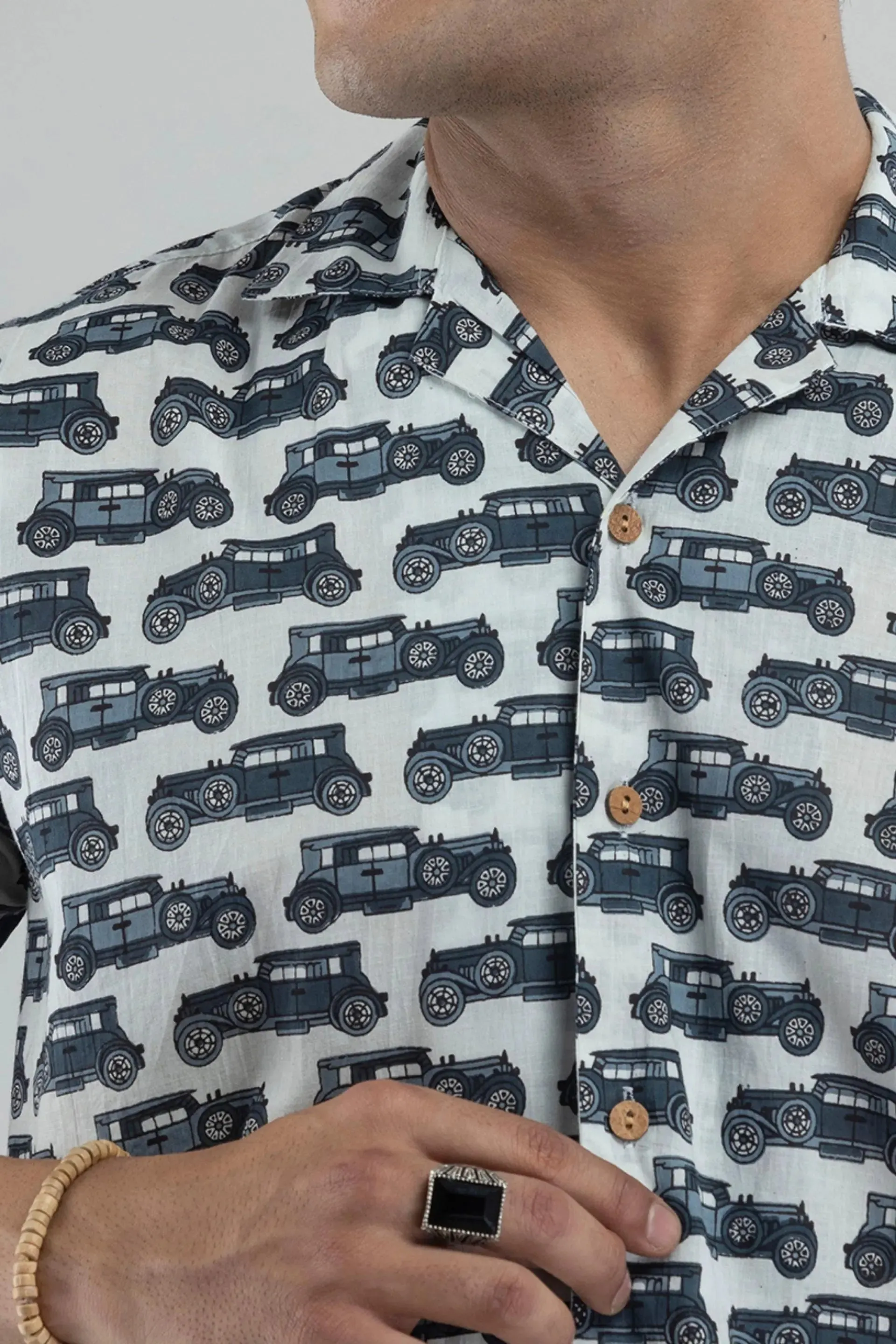 Firangi Yarn Cuban Collar Shirt in White and Black Block Printed Motifs