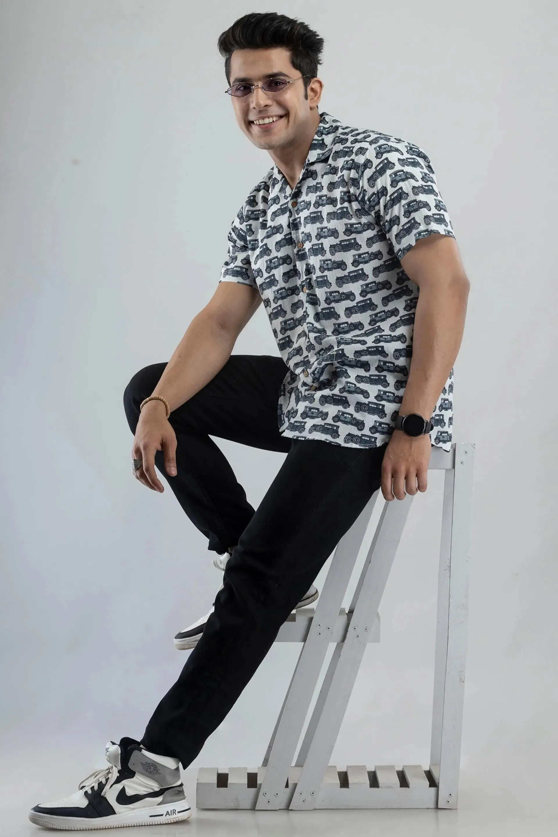 Firangi Yarn Cuban Collar Shirt in White and Black Block Printed Motifs