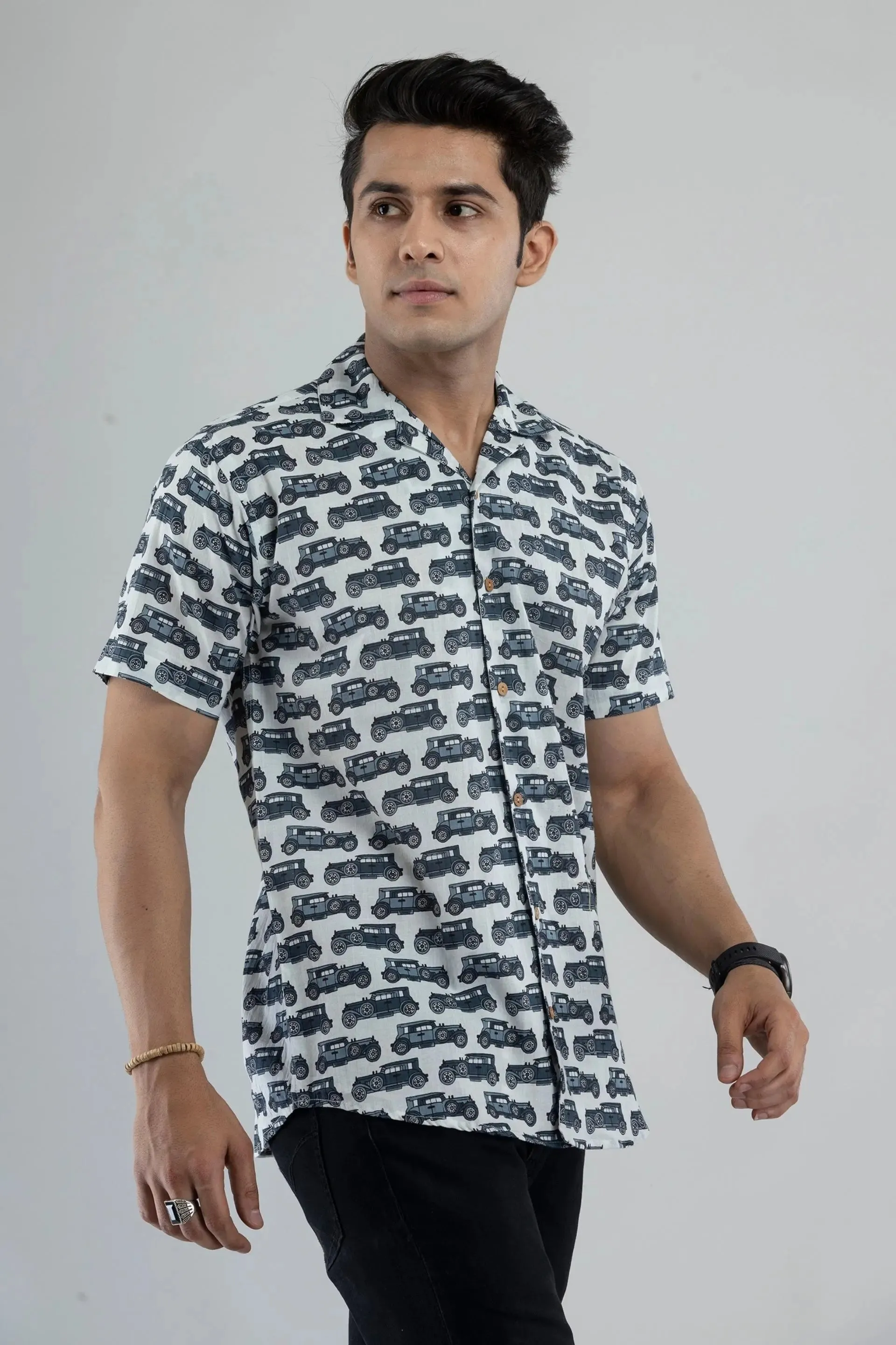 Firangi Yarn Cuban Collar Shirt in White and Black Block Printed Motifs