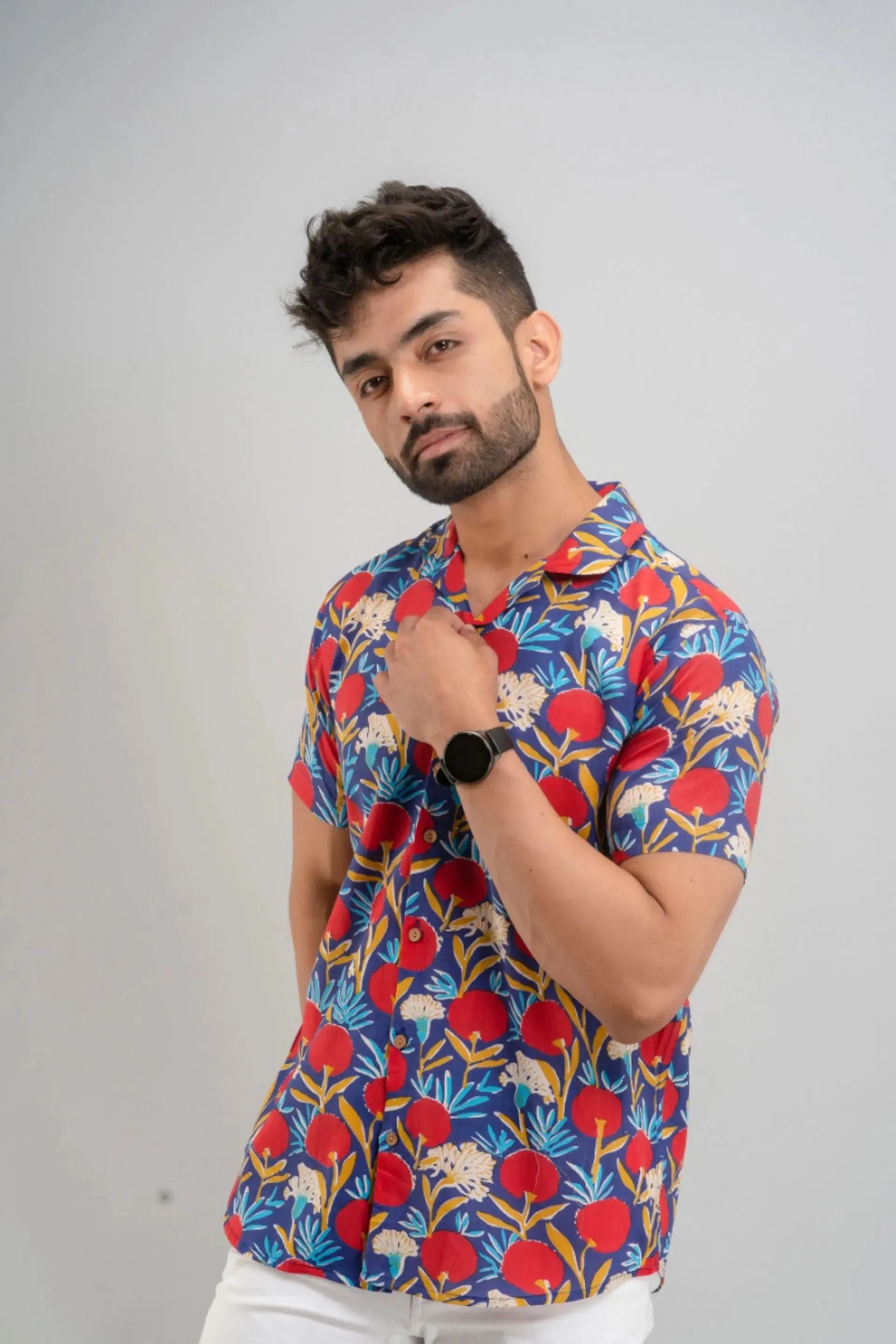 Firangi Yarn Jungle Theme Printed Cotton Blue Cuban Collar Shirt For Men