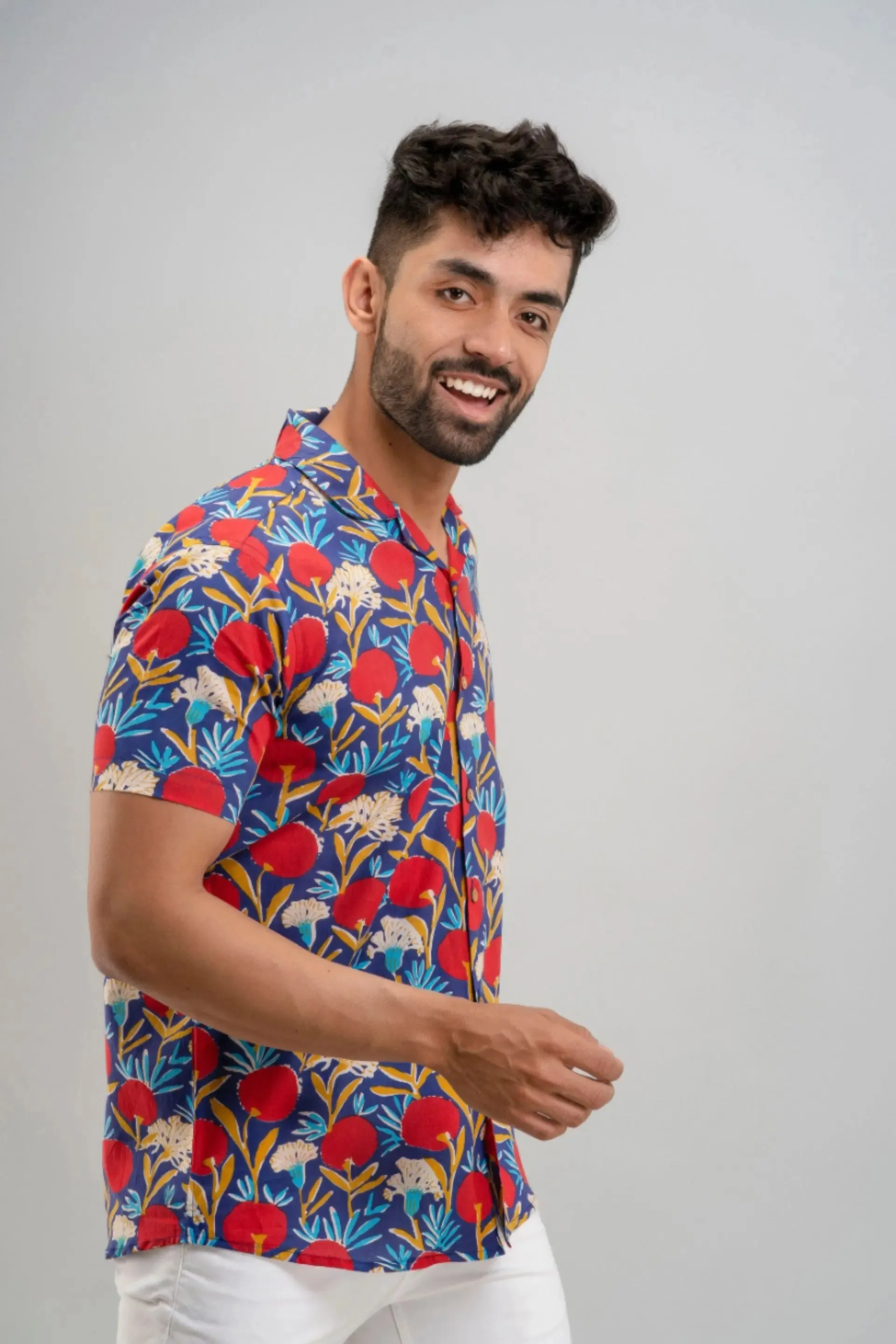 Firangi Yarn Jungle Theme Printed Cotton Blue Cuban Collar Shirt For Men