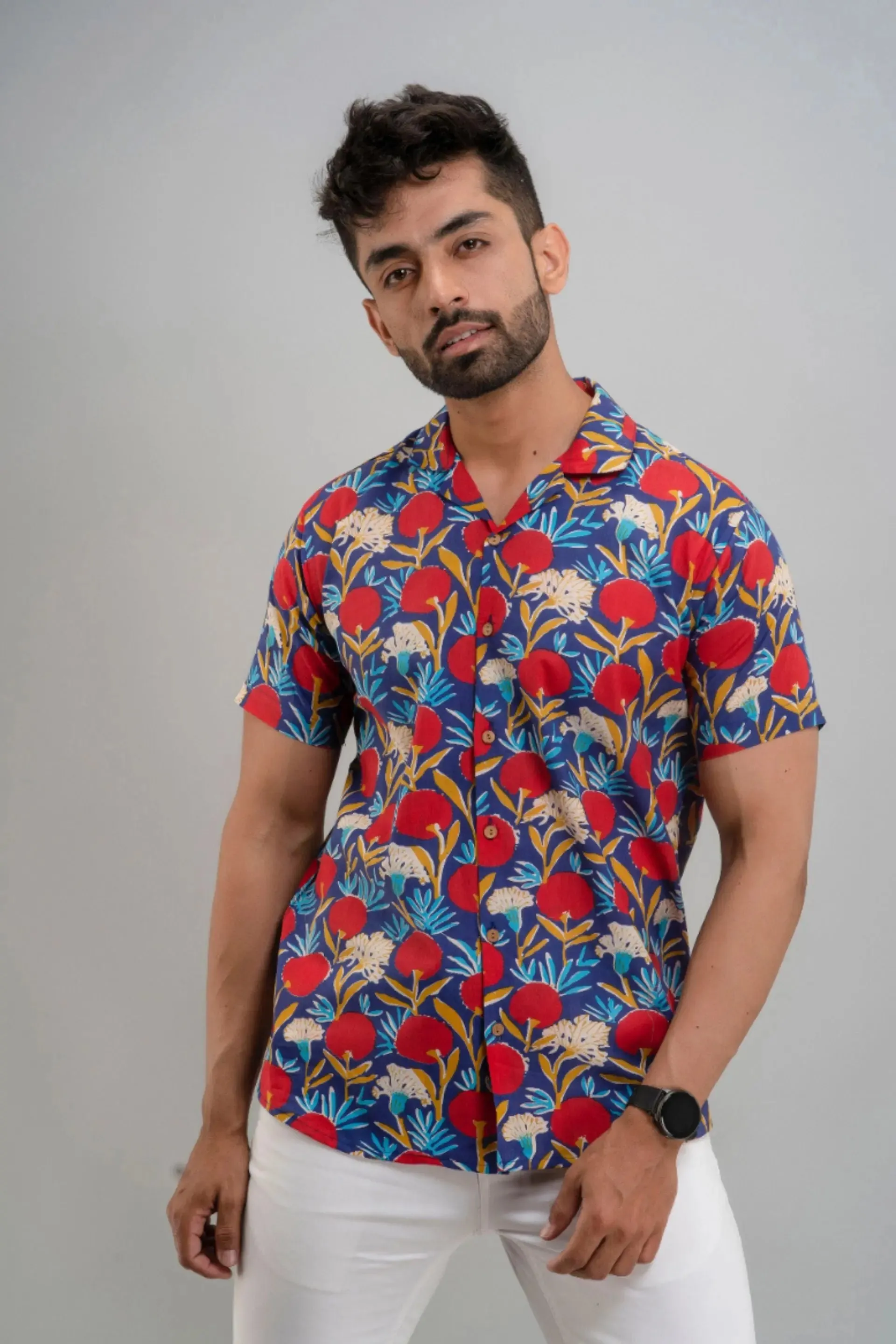 Firangi Yarn Jungle Theme Printed Cotton Blue Cuban Collar Shirt For Men