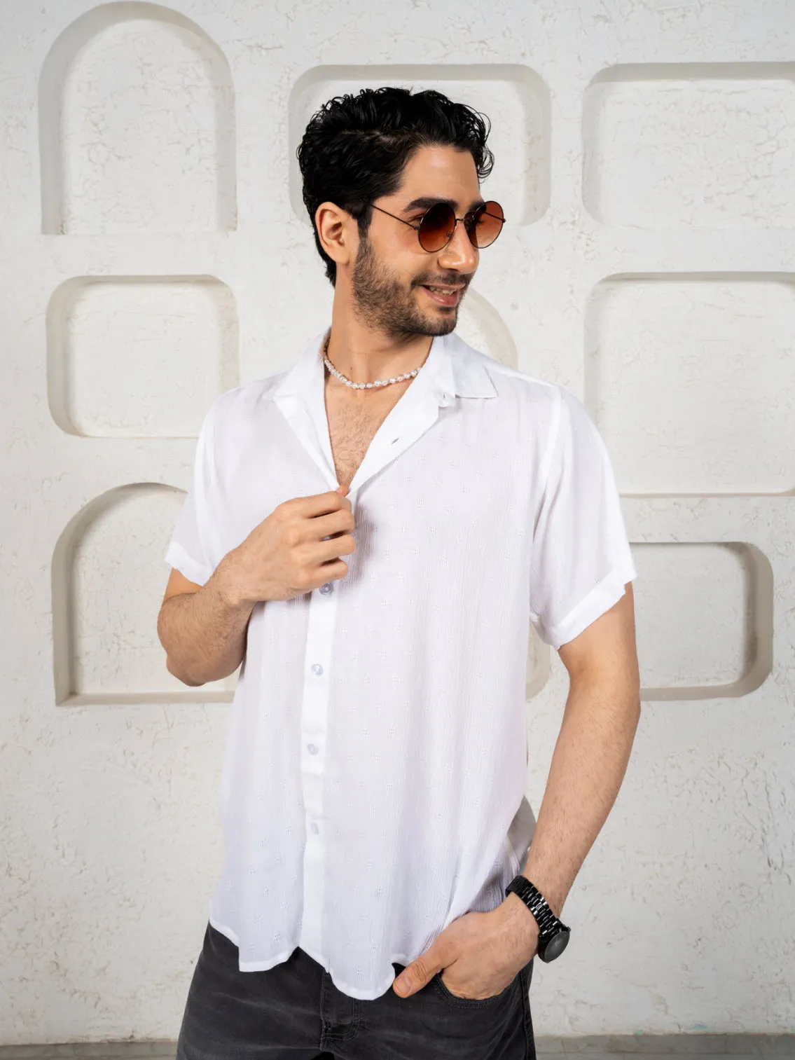 Firangi Yarn Relaxed Fit Solid Self Design Super Flowy Re-engineered Cotton- Half Sleeves Party Shirt Super White