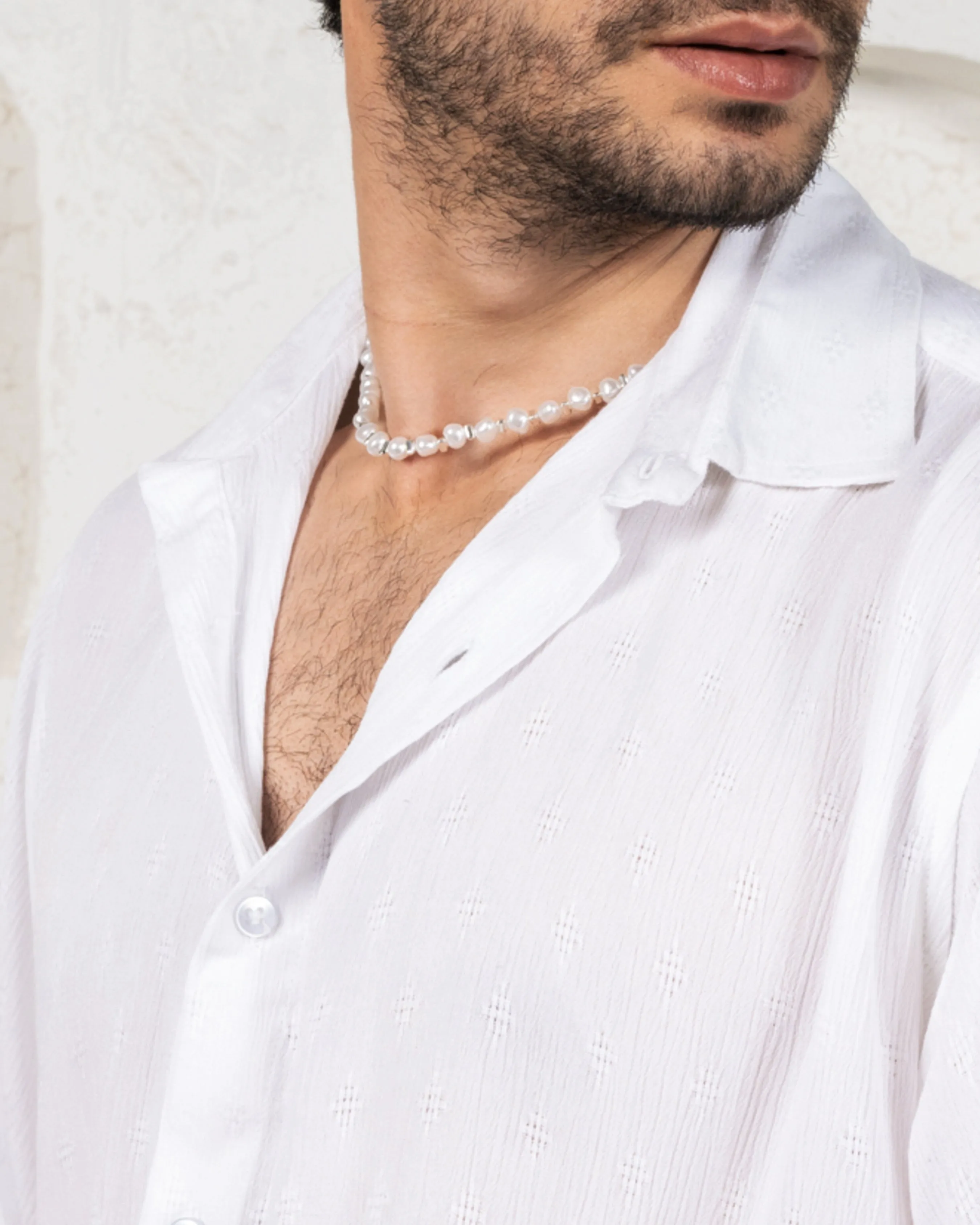Firangi Yarn Relaxed Fit Solid Self Design Super Flowy Re-engineered Cotton- Half Sleeves Party Shirt Super White