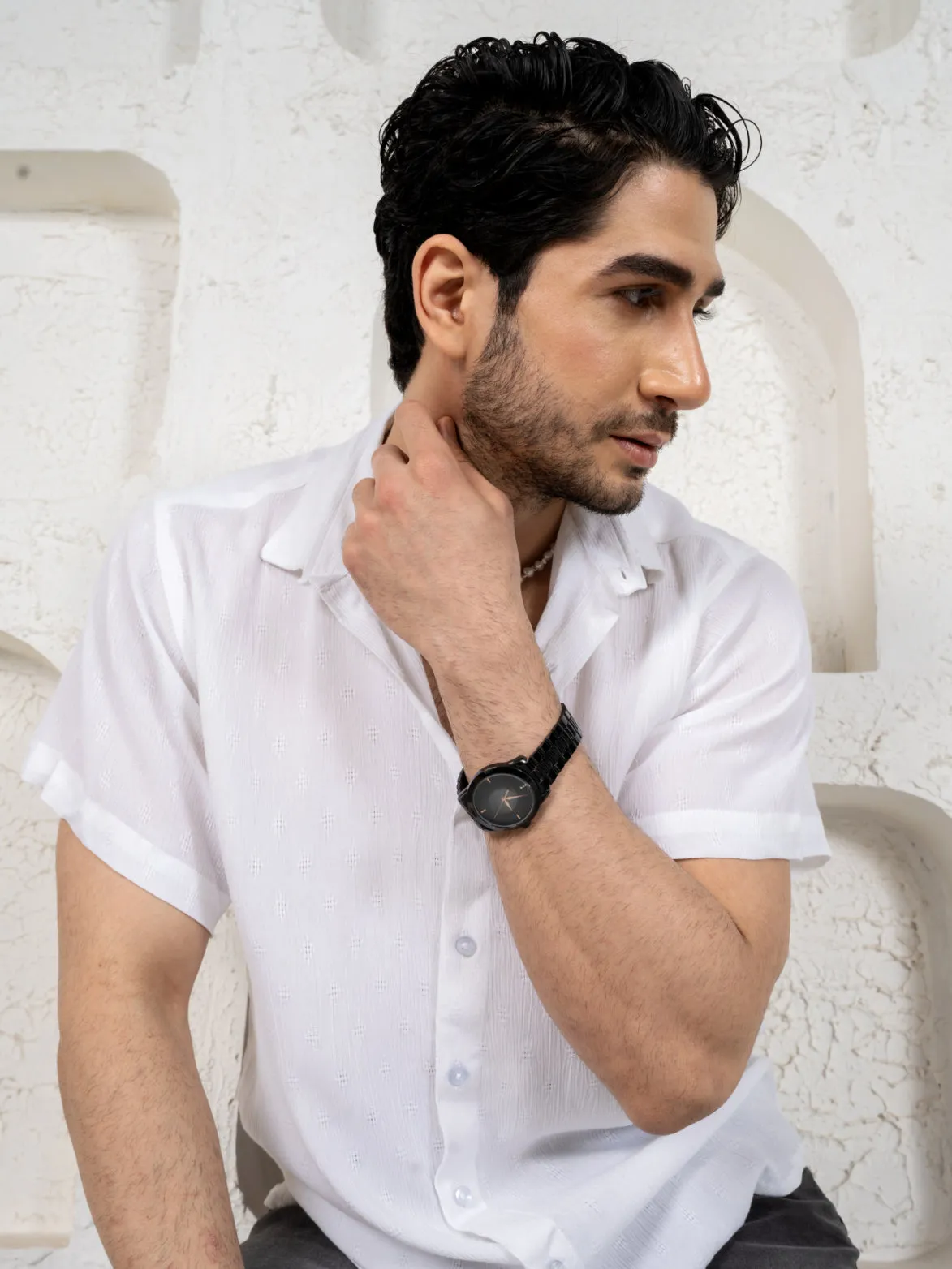 Firangi Yarn Relaxed Fit Solid Self Design Super Flowy Re-engineered Cotton- Half Sleeves Party Shirt Super White