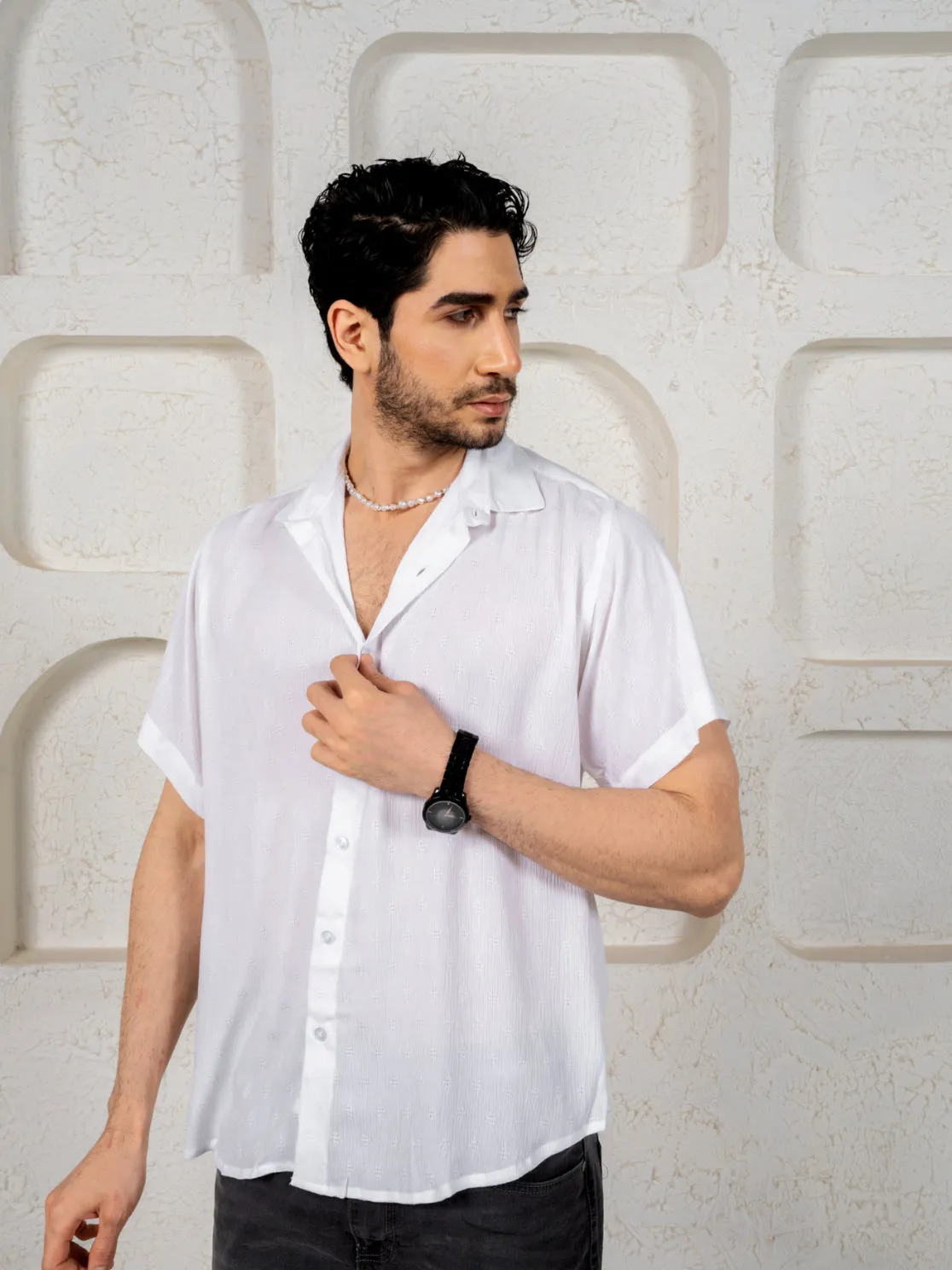 Firangi Yarn Relaxed Fit Solid Self Design Super Flowy Re-engineered Cotton- Half Sleeves Party Shirt Super White