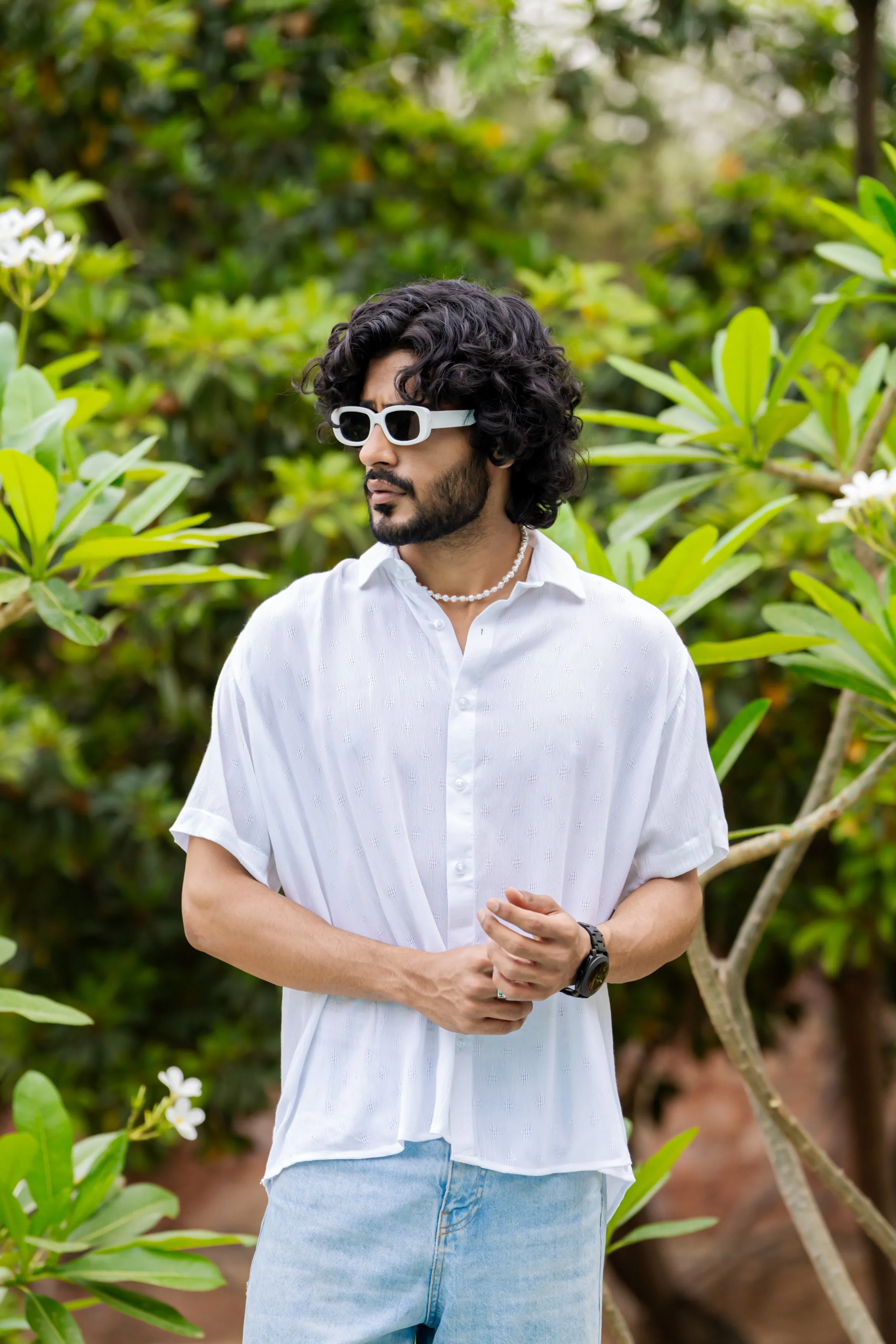 Firangi Yarn Relaxed Fit Solid Self Design Super Flowy Re-engineered Cotton- Half Sleeves Party Shirt Super White