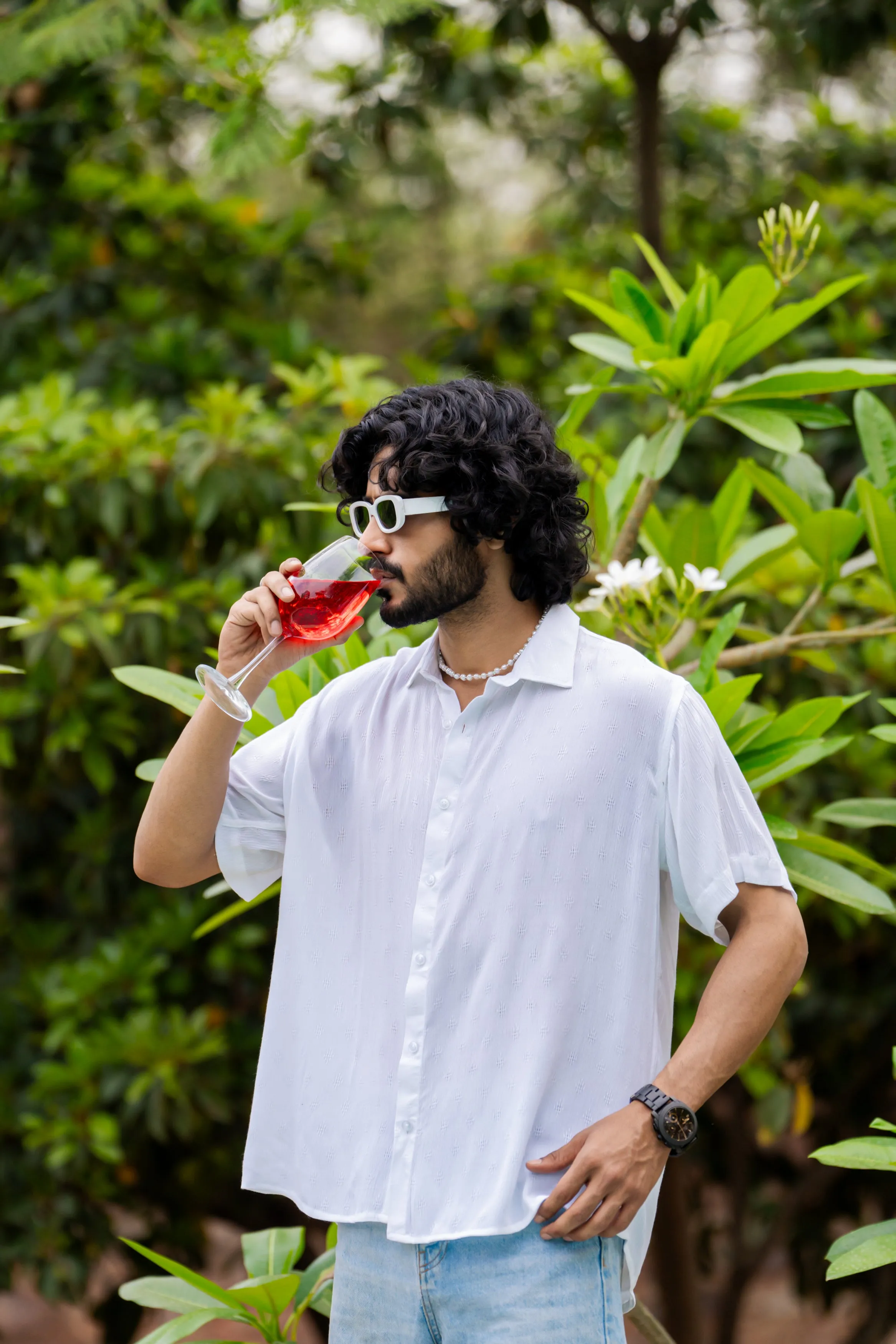 Firangi Yarn Relaxed Fit Solid Self Design Super Flowy Re-engineered Cotton- Half Sleeves Party Shirt Super White