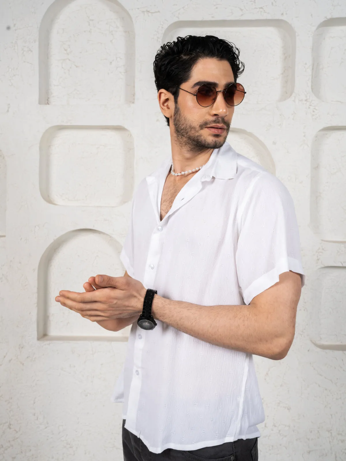 Firangi Yarn Relaxed Fit Solid Self Design Super Flowy Re-engineered Cotton- Half Sleeves Party Shirt Super White