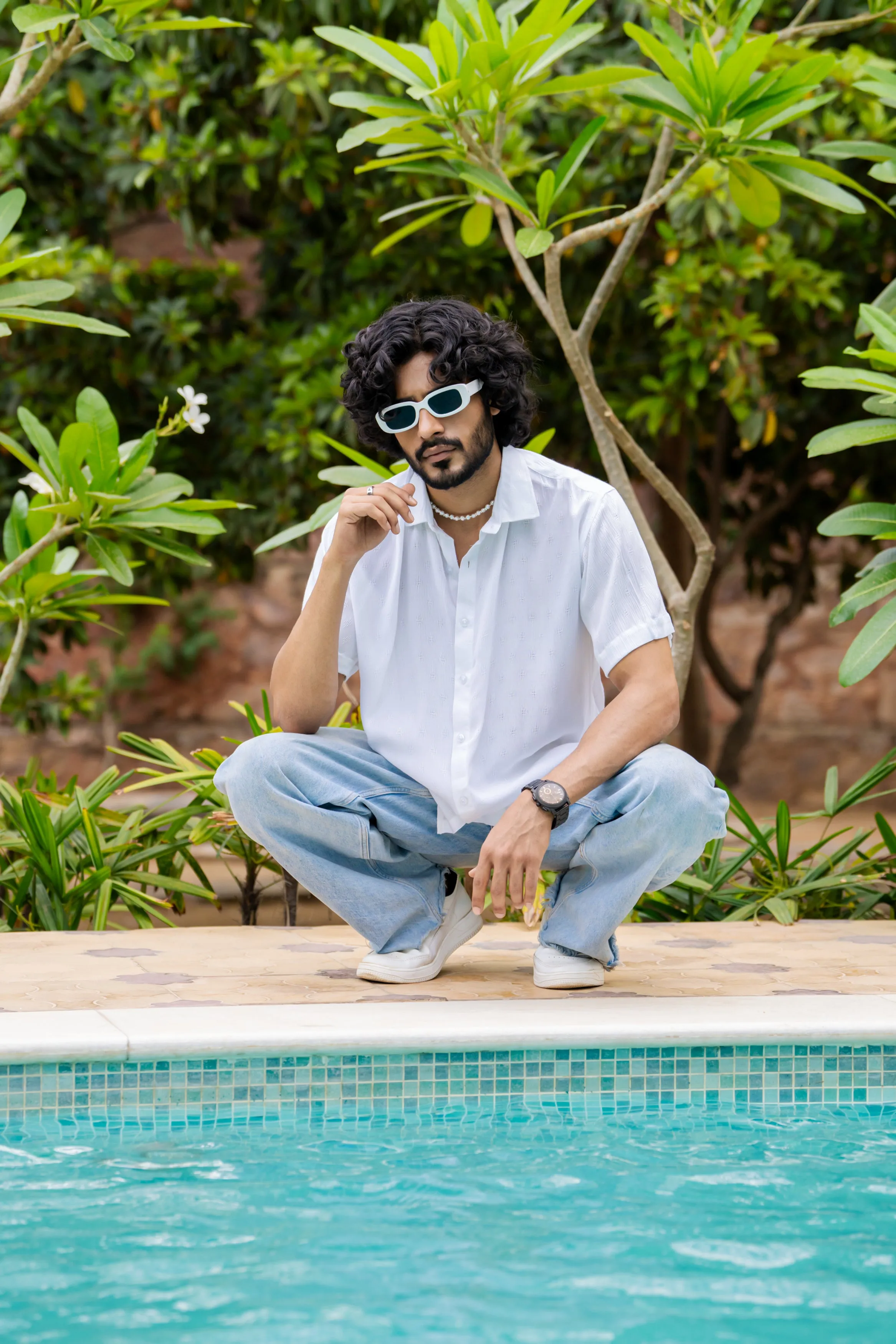 Firangi Yarn Relaxed Fit Solid Self Design Super Flowy Re-engineered Cotton- Half Sleeves Party Shirt Super White