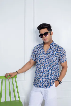 Firangi Yarn Relaxed Fit Super Flowy Re-engineered Cotton Printed Shirt- Half Sleeves (Blue)