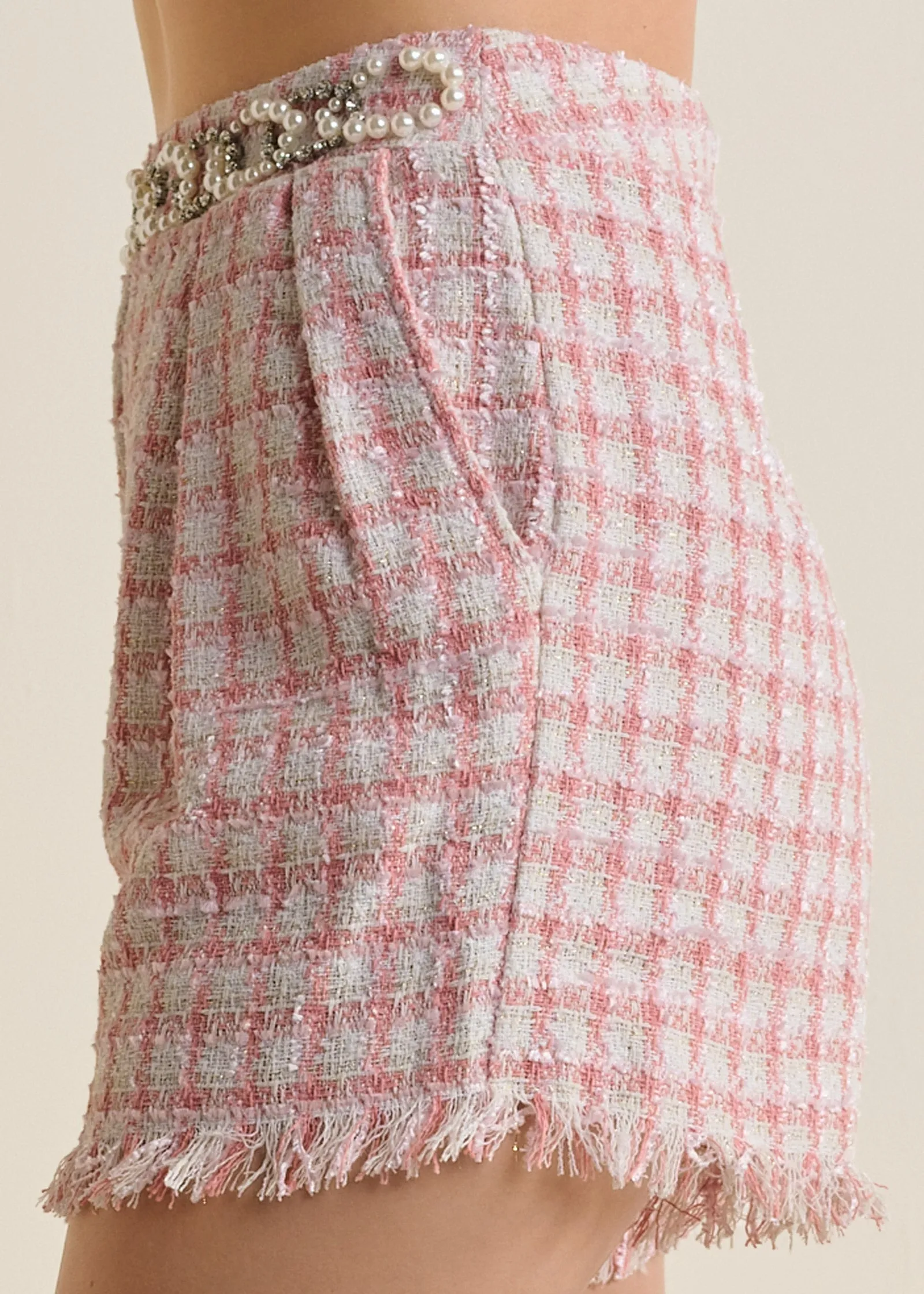 Frayed-Hem Tweed Shorts - Pink Multi