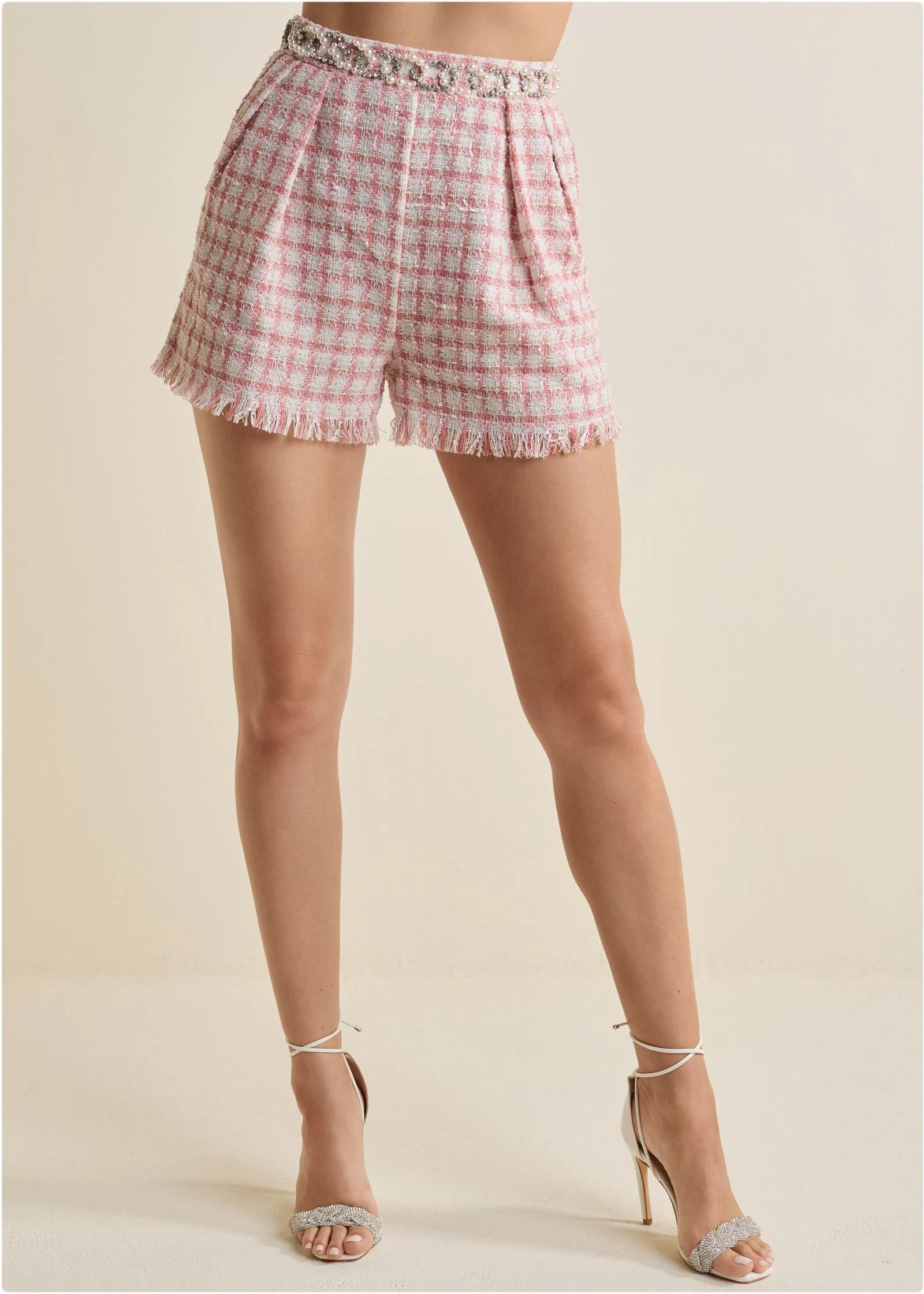 Frayed-Hem Tweed Shorts - Pink Multi