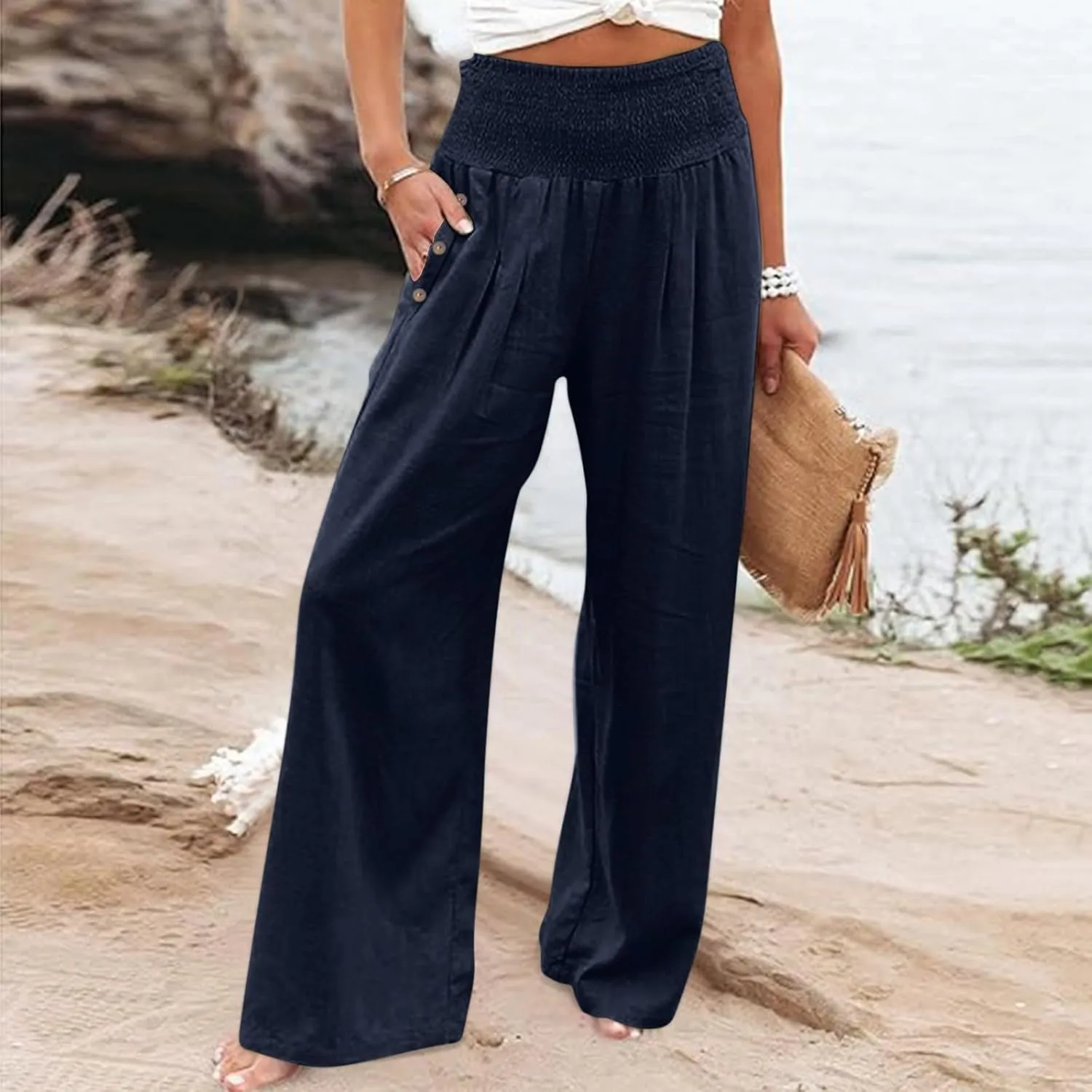 High Waist Wide Leg Pants for Women Casual Summer Wide Leg Boho Beach Pants Relaxed Loose Fit Elastic Lightweight Trousers