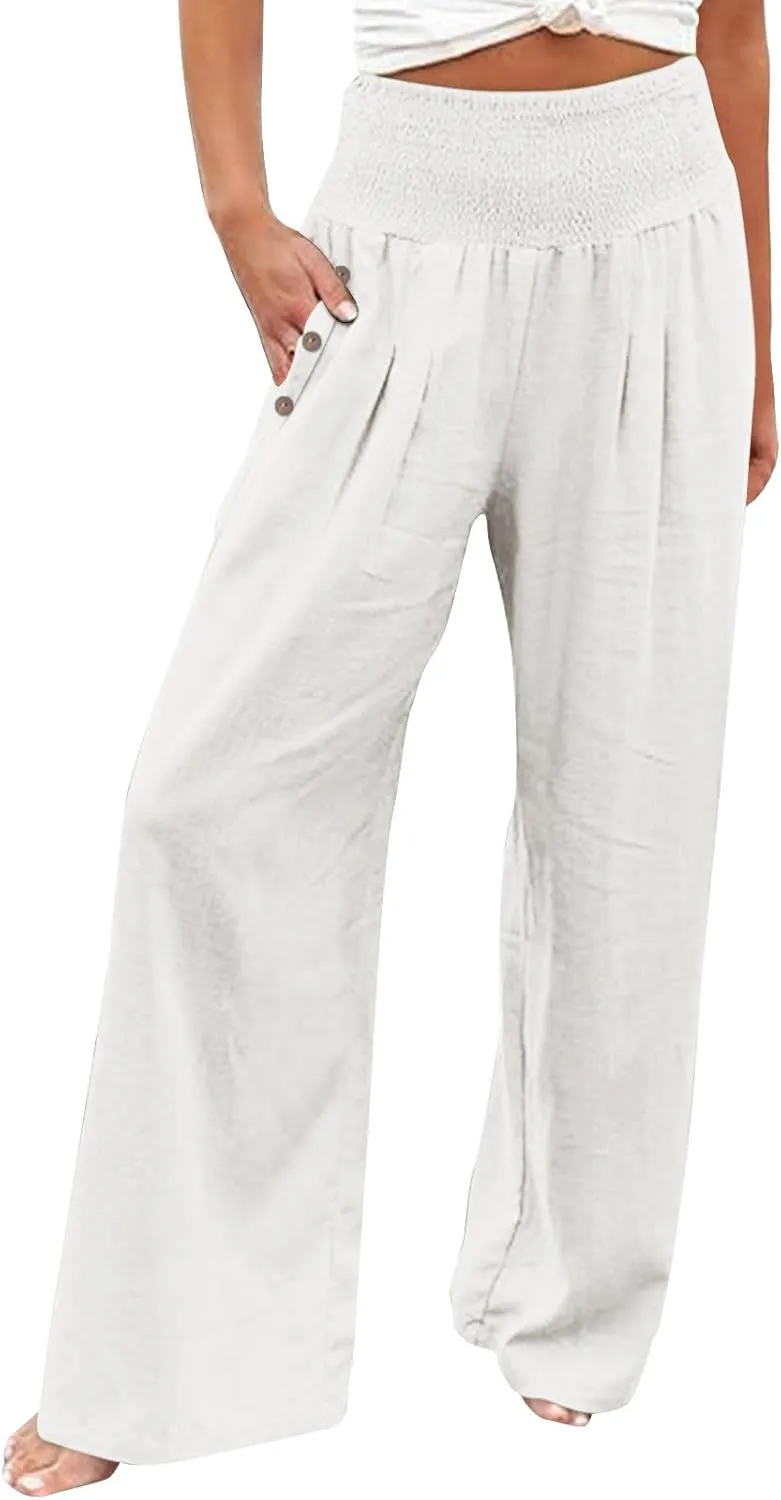 High Waist Wide Leg Pants for Women Casual Summer Wide Leg Boho Beach Pants Relaxed Loose Fit Elastic Lightweight Trousers