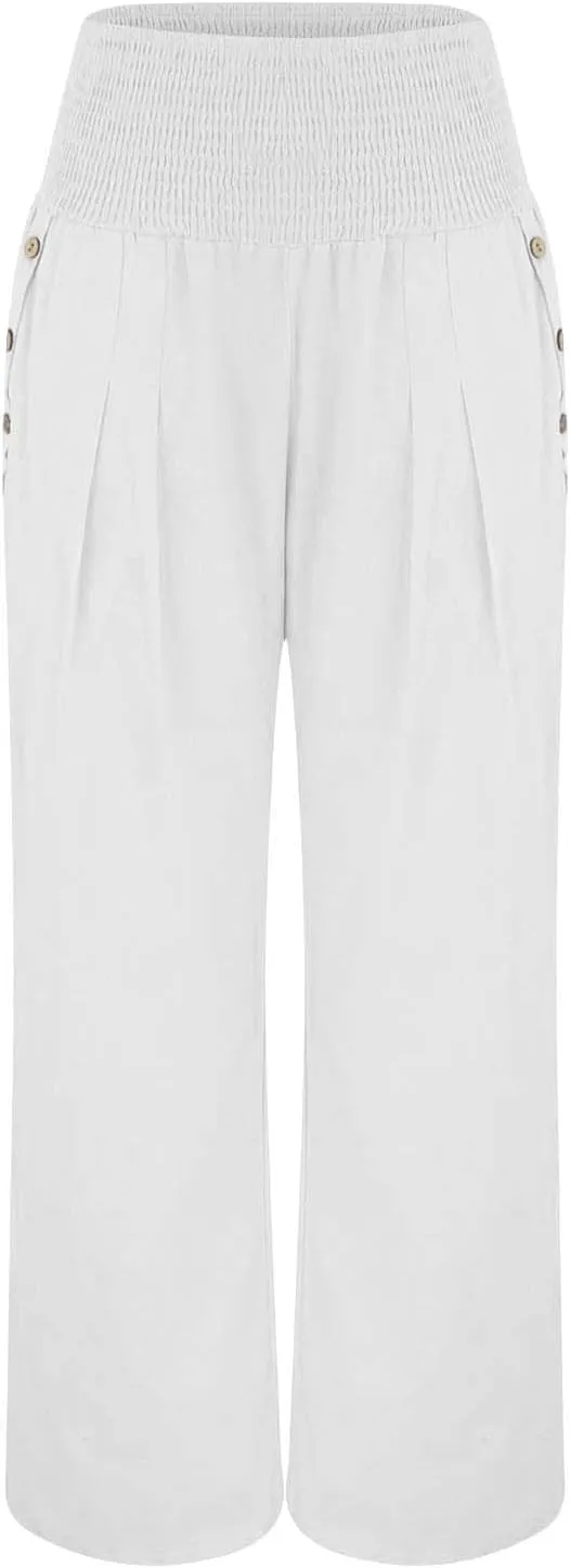 High Waist Wide Leg Pants for Women Casual Summer Wide Leg Boho Beach Pants Relaxed Loose Fit Elastic Lightweight Trousers