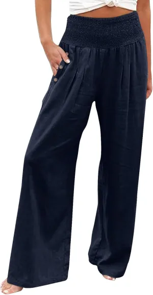 High Waist Wide Leg Pants for Women Casual Summer Wide Leg Boho Beach Pants Relaxed Loose Fit Elastic Lightweight Trousers