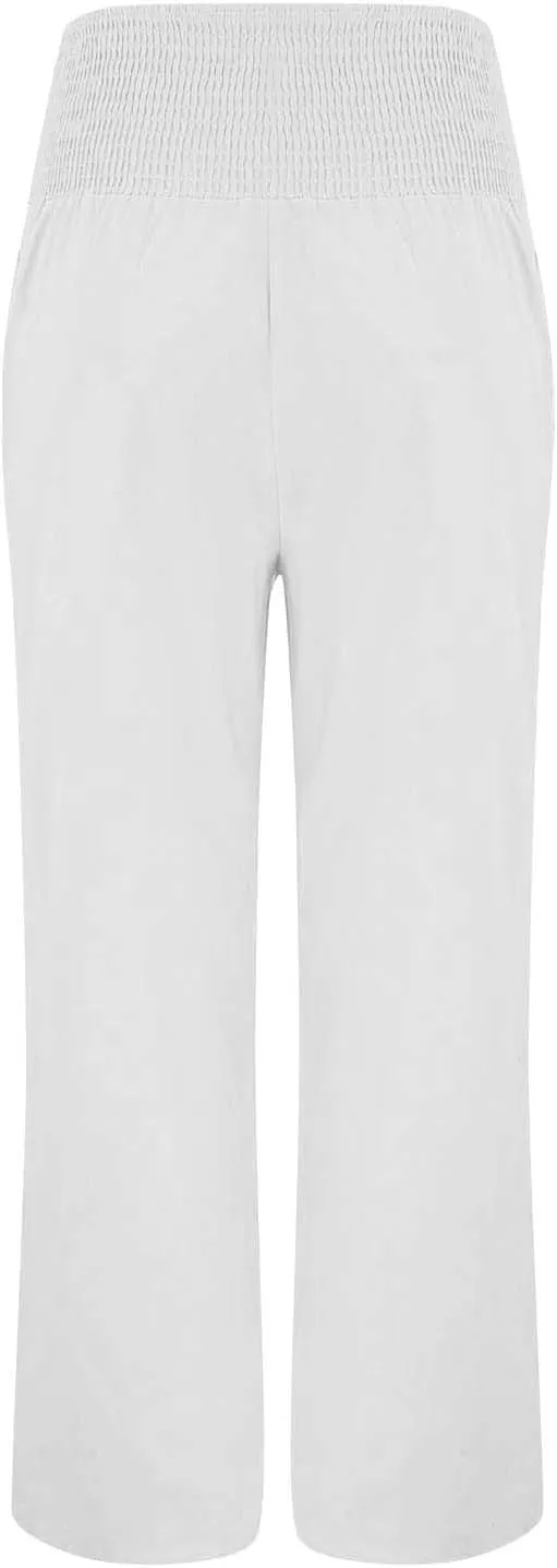 High Waist Wide Leg Pants for Women Casual Summer Wide Leg Boho Beach Pants Relaxed Loose Fit Elastic Lightweight Trousers