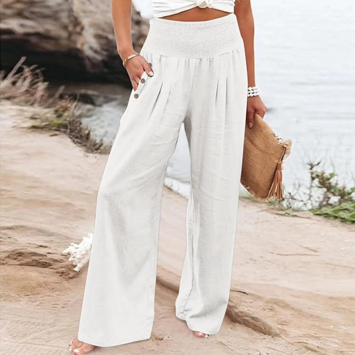 High Waist Wide Leg Pants for Women Casual Summer Wide Leg Boho Beach Pants Relaxed Loose Fit Elastic Lightweight Trousers