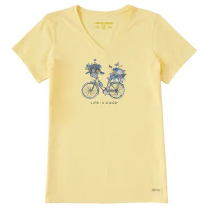 Life is Good. Women's Bike Flower Baskets Short Sleeve Vee, Sandy Yellow