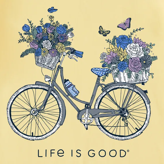 Life is Good. Women's Bike Flower Baskets Short Sleeve Vee, Sandy Yellow