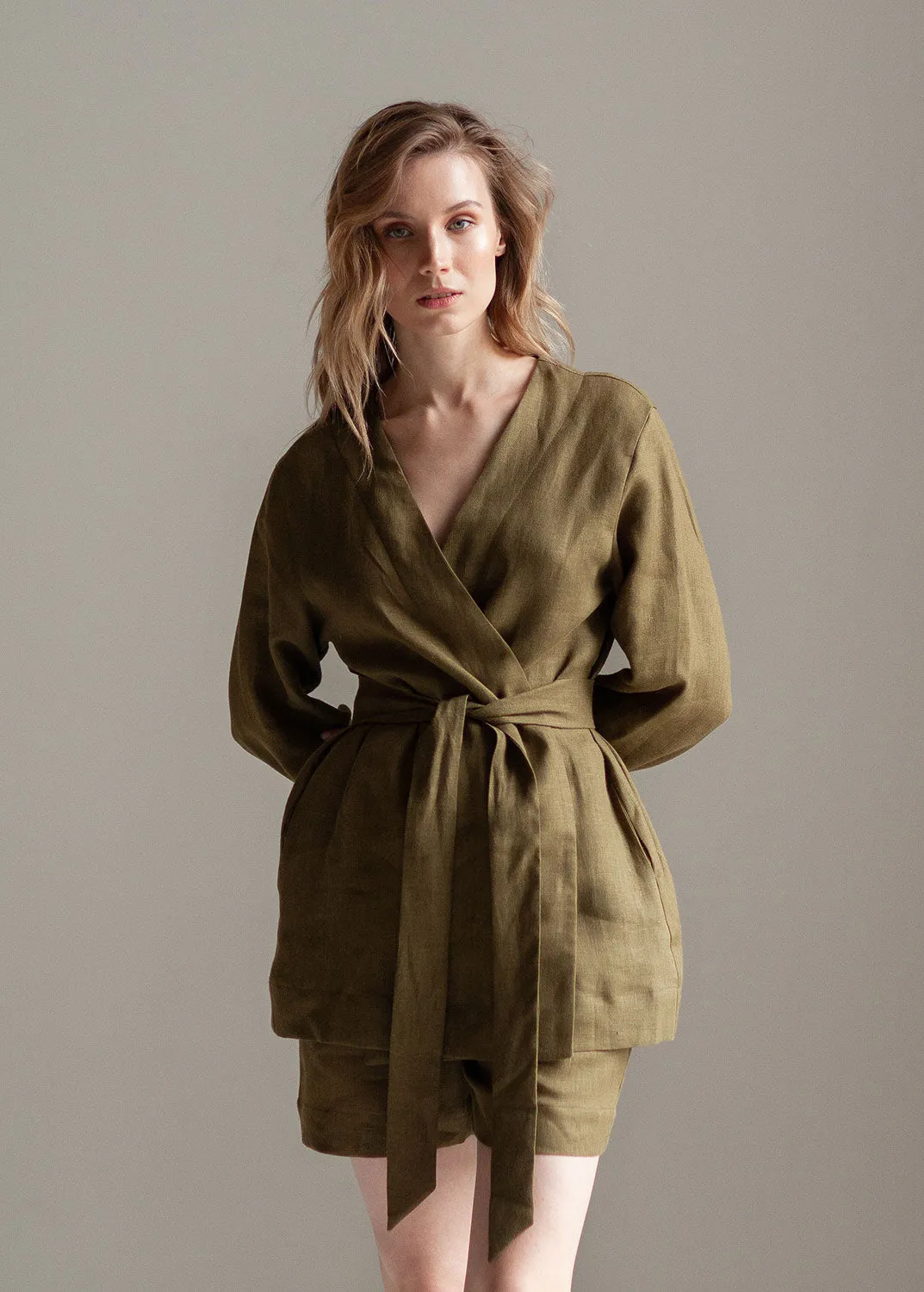 Linen Kimono Jacket and Shorts Set