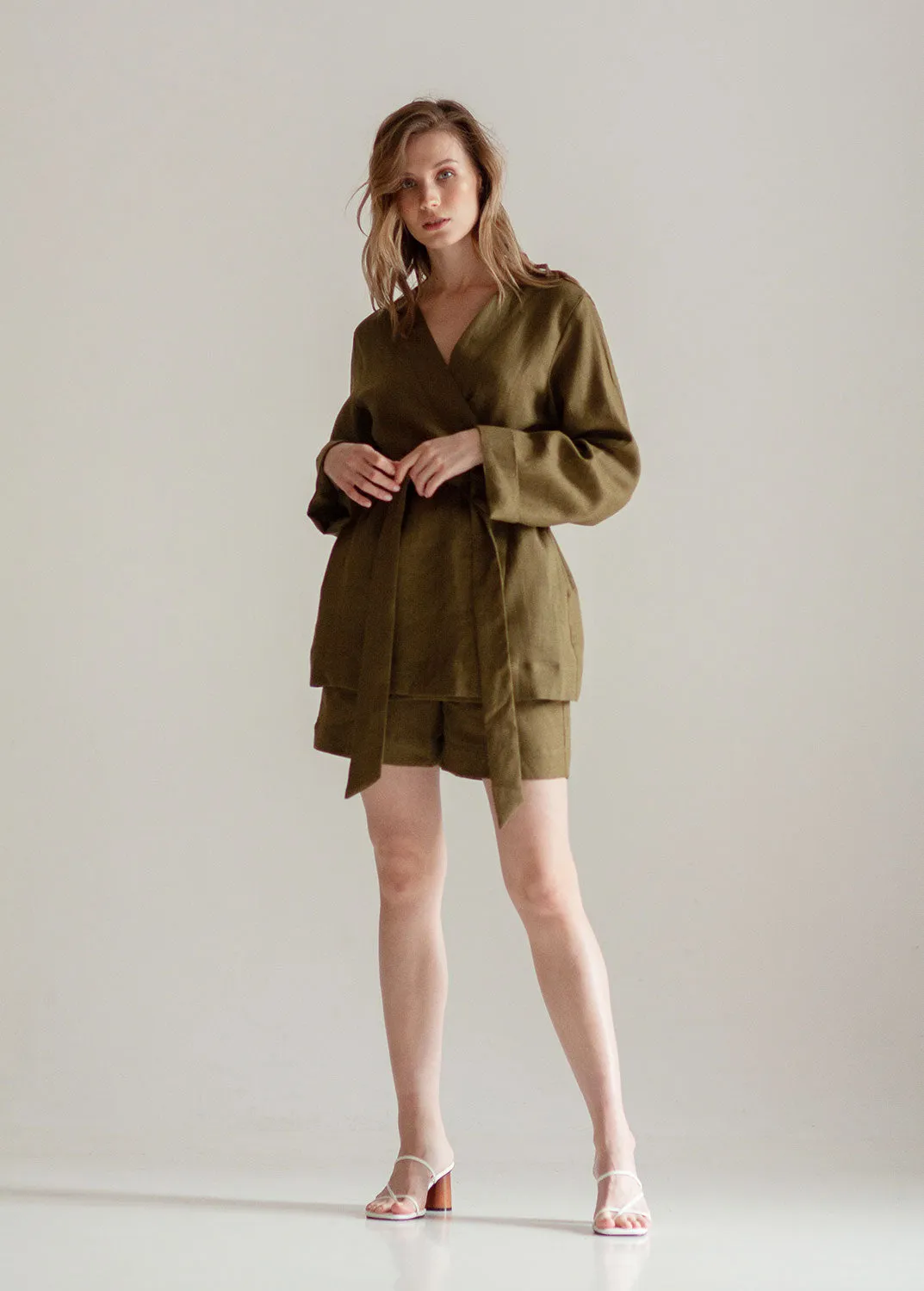 Linen Kimono Jacket and Shorts Set