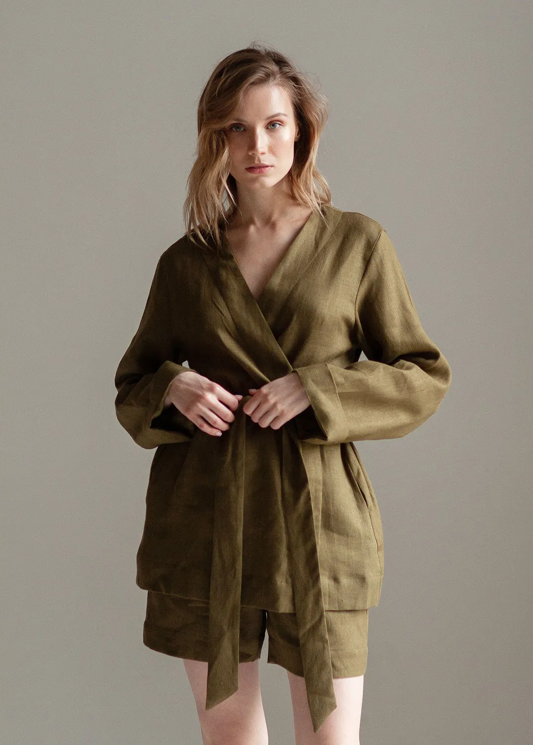 Linen Kimono Jacket and Shorts Set