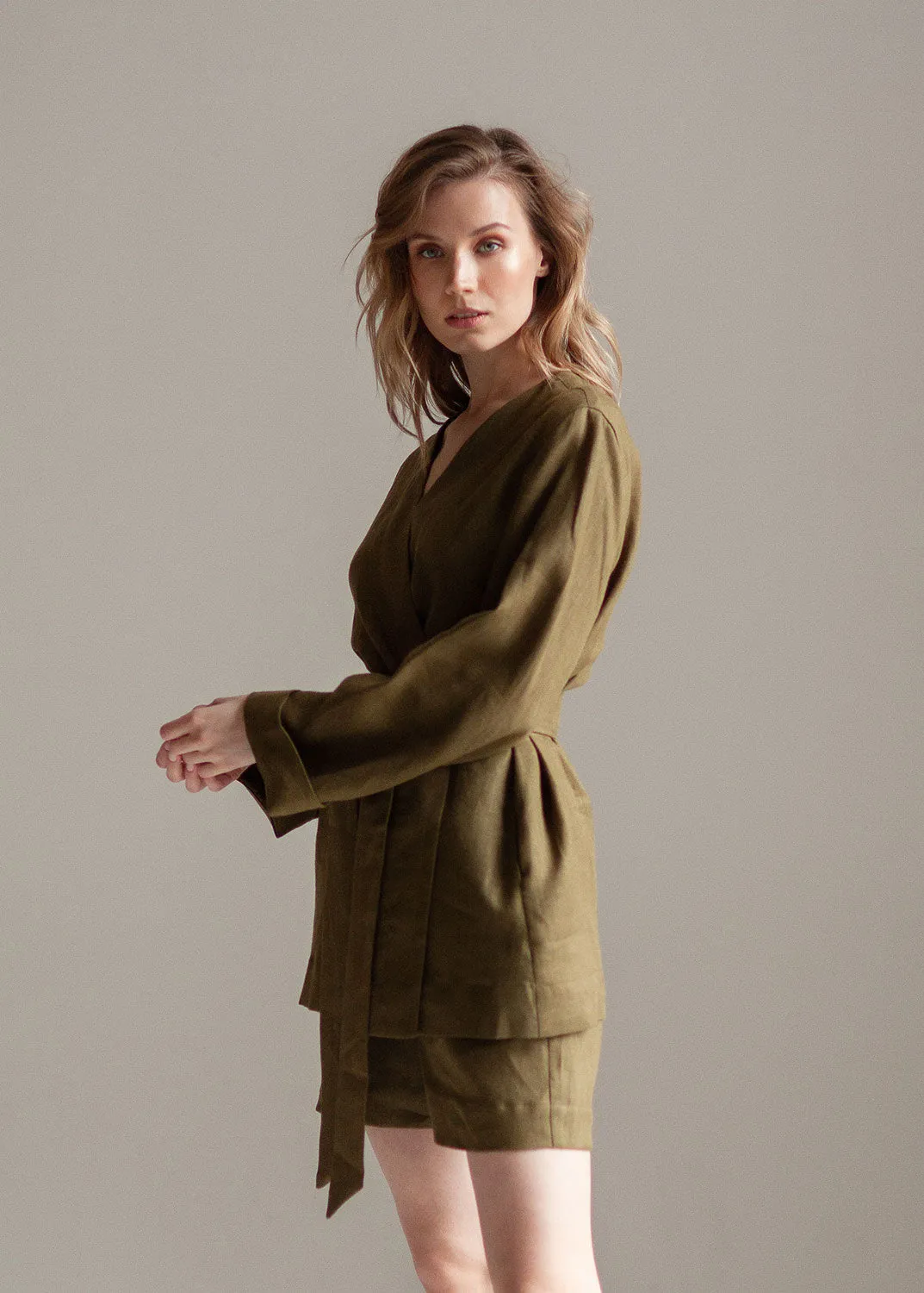 Linen Kimono Jacket and Shorts Set