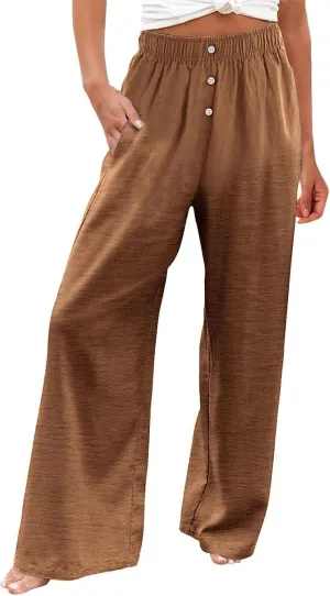 Loose Linen Pants for Women Elastic High Waisted Wide Leg Loose Comfy Trousers with Pockets Linen Blend Pants